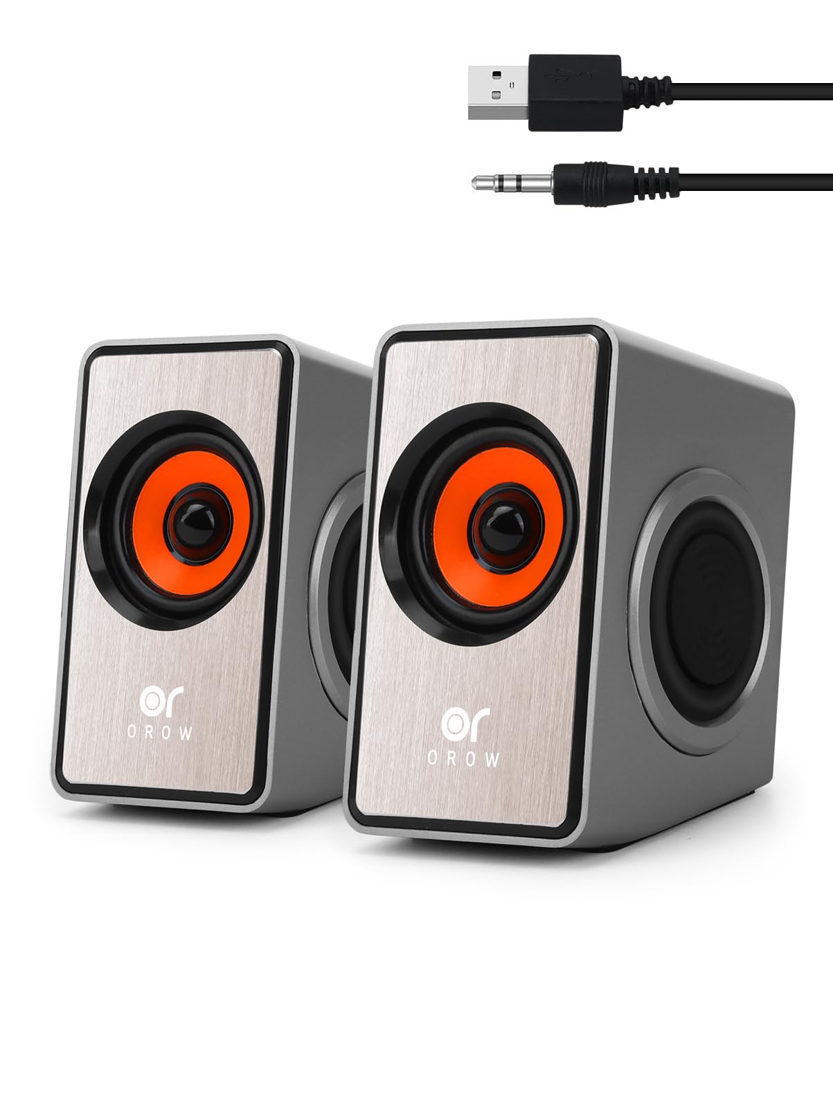 OROW USB Powered Computer Speakers with Volume Control - Silver | Compact Desktop & Laptop PC Speakers for Home Office & Gaming