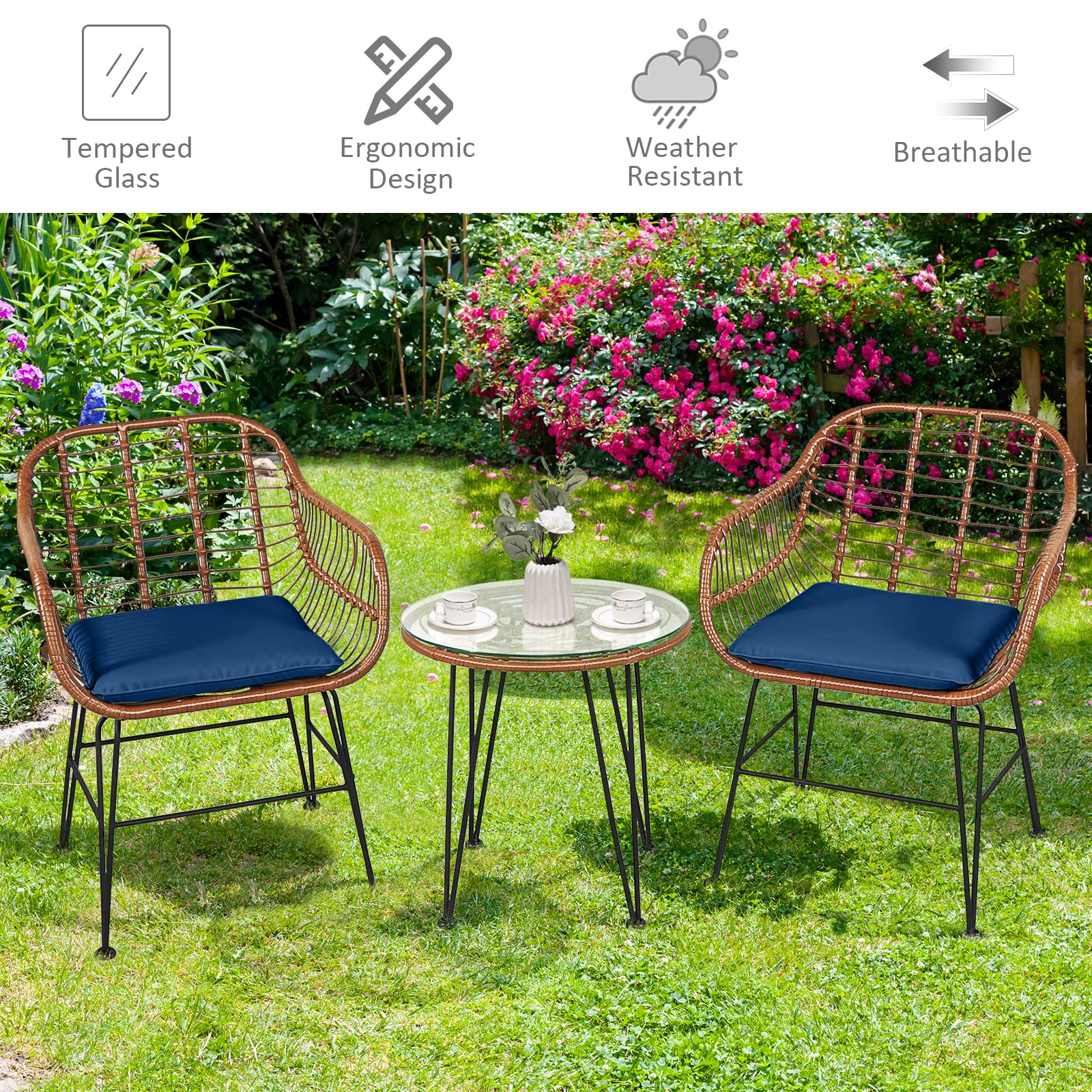 Tangkula 3-Piece Patio Conversation Set - Outdoor Wicker Bistro Furniture with Round Tempered Glass Table & 2 Rattan Armchairs, Includes Cushions - Perfect for Porch, Backyard, Garden, Poolside & Outdoor Dining