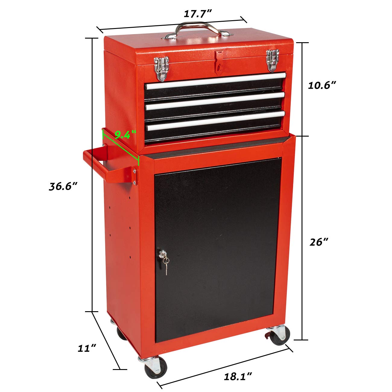 X&T 2-Piece Rolling Tool Chest Set with 4 Wheels & Lockable Drawers - Portable Metal Tool Storage Cabinet for Garage, Workshop & DIY Projects (Black & Red) - Perfect for Mechanics, Carpenters & Home Improvement