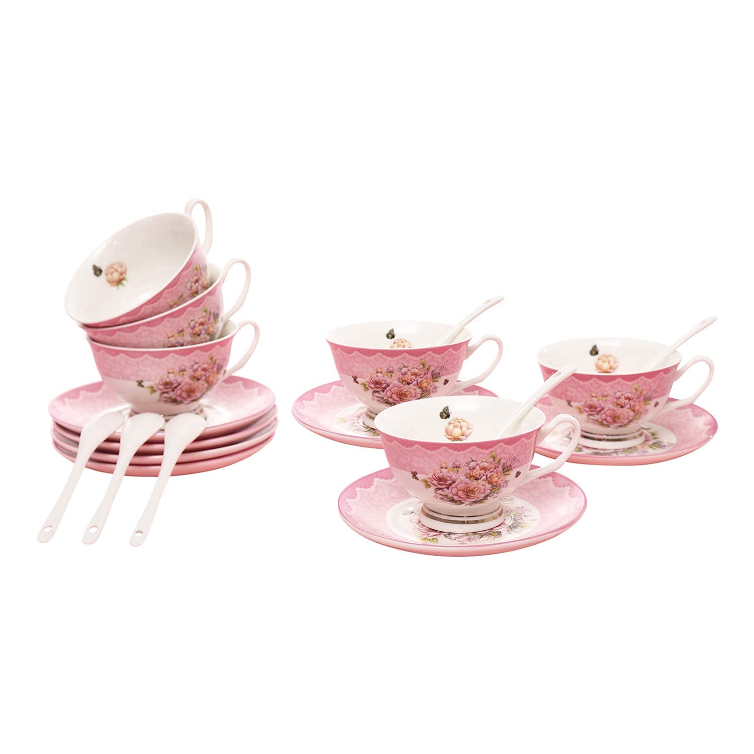 YYAI-HHJU 6-Piece Porcelain Teacup and Coffee Cup Set with Saucers & Spoon - Elegant Ceramic Tea Cups for Afternoon Tea, Gifts, and Home Decor