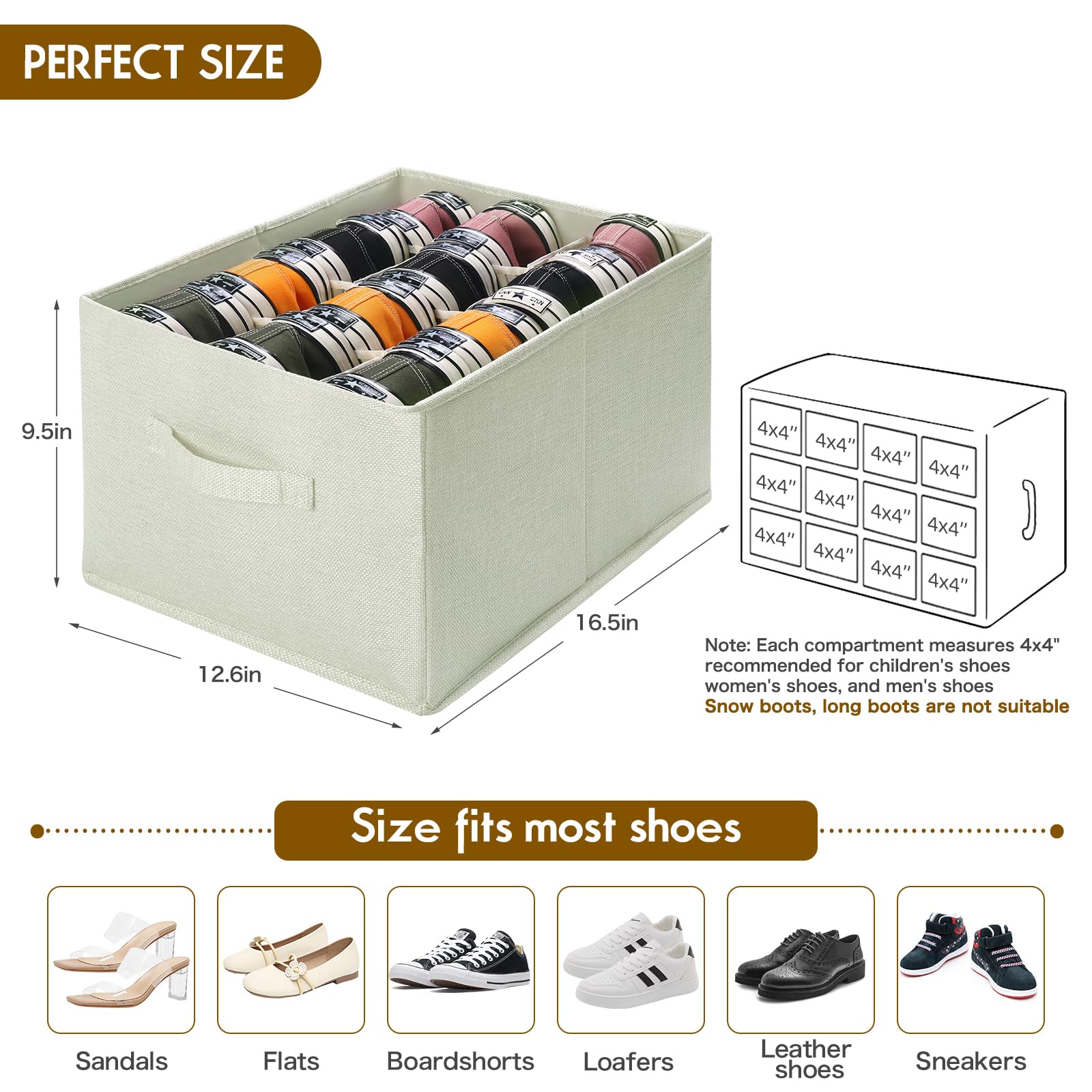 3 Pack Fabric Shoe Organizer for Closet - Foldable Storage Bins Holds 36 Pairs, Cube Cabinet with Reinforced Handles (Beige, 16.5