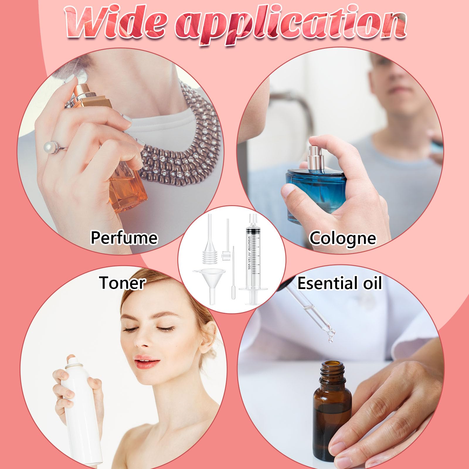 Geiserailie 50-Piece Perfume Refill Kit - Includes 10 Funnels, 10 Dispenser Pumps, 10 Syringes, 10 Droppers & 10 Squeeze Droppers for Easy Liquid Transfer to Small Atomizer Bottles - Perfect for DIY Perfume Mixing, Essential Oil Refills & Travel Size Bottle Filling
