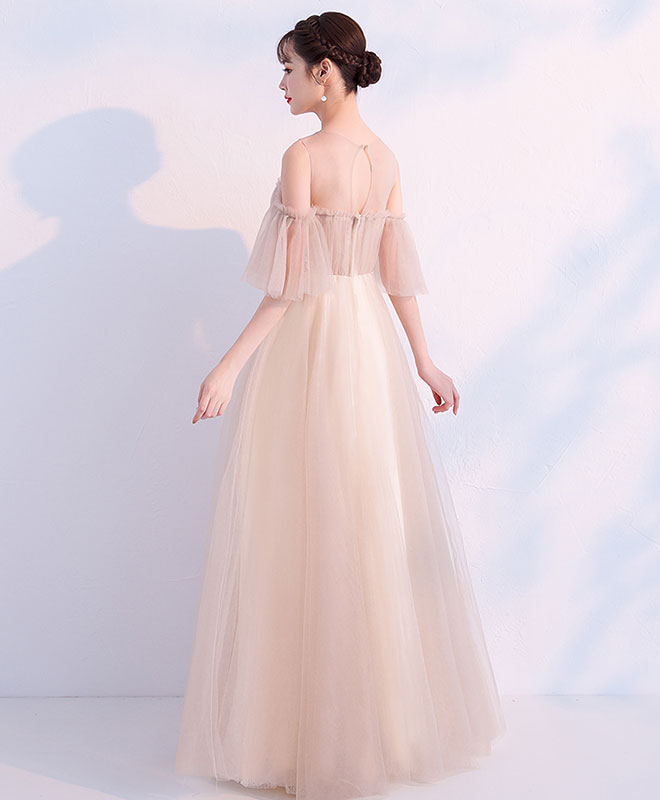 Elegant Champagne Round Neck Tulle Long Prom Dress | Formal Evening Gown for Women | Perfect for Prom, Homecoming, Wedding & Special Occasions
