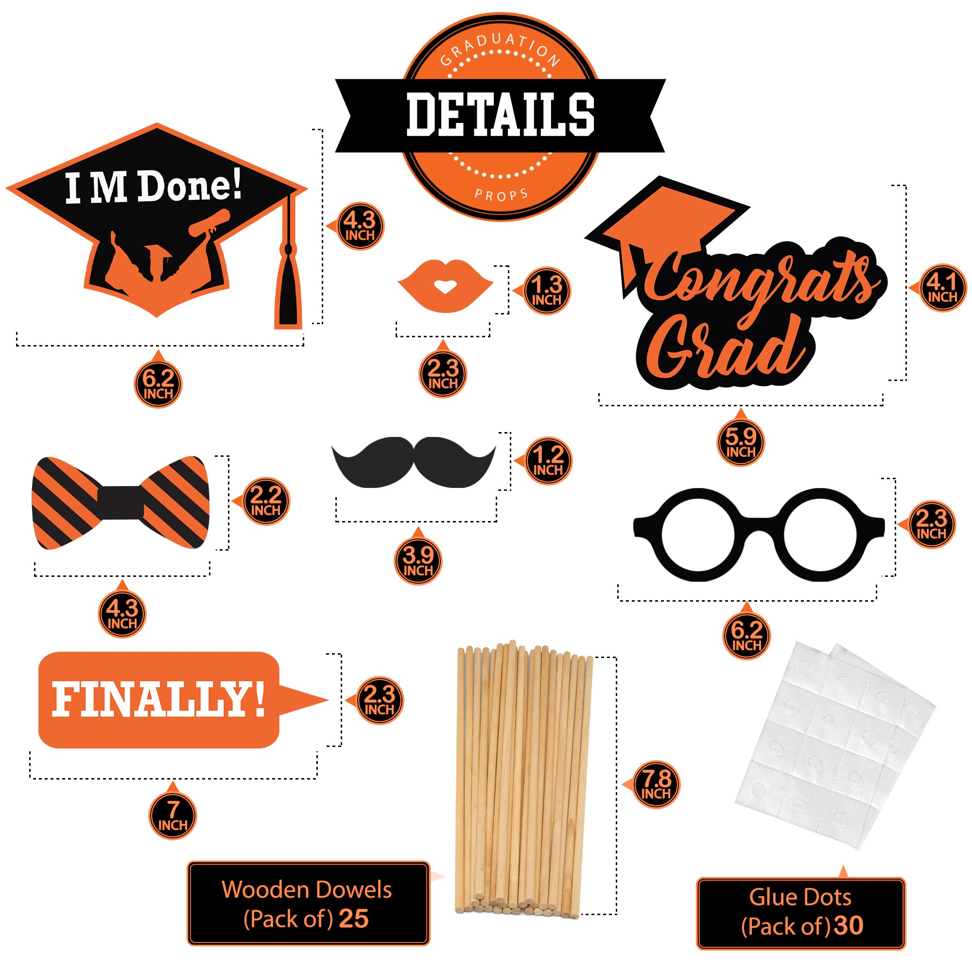 **KatchOn 2025 Graduation Photo Booth Props - Pack of 21 | Orange & Black Graduation Decorations for Class of 2025 | Perfect for Graduation Parties, Photo Booths & School Events**