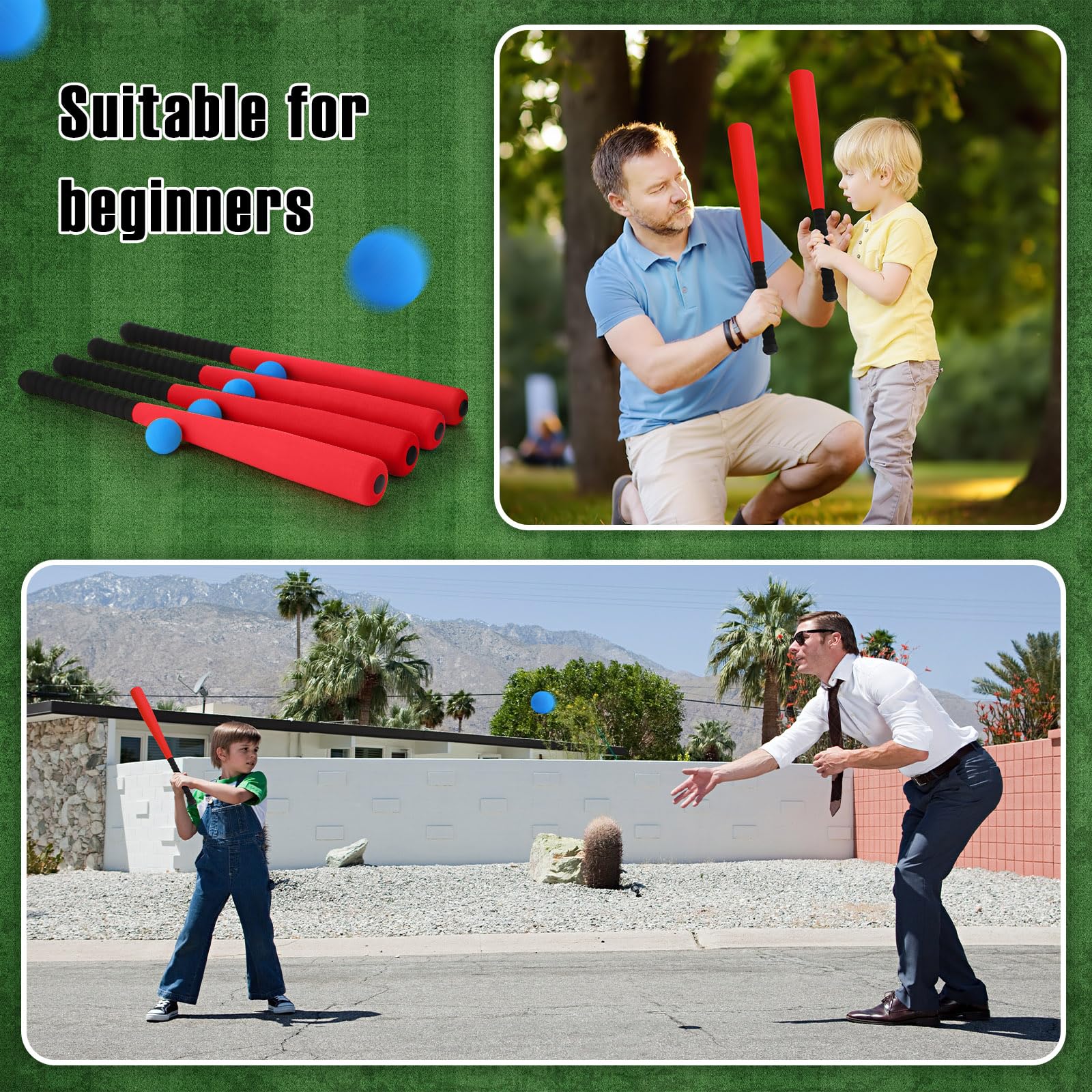 Wettarn 4-Piece Foam Baseball Bat Set - 24 Inch Soft Foam Bats with Safe Baseballs for T-Ball, Perfect for Kids & Beginners | Indoor & Outdoor Training, Backyard Games, PE Class, and Family Sports Activities