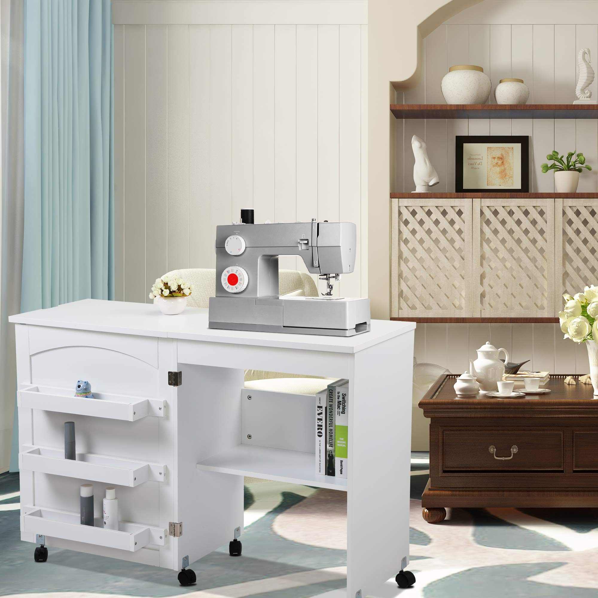 Compact Folding Sewing Craft Table with Storage Shelf & 3 Trays - White Sewing Machine Cabinet for Quilting, DIY Projects & Home Crafting Workspace