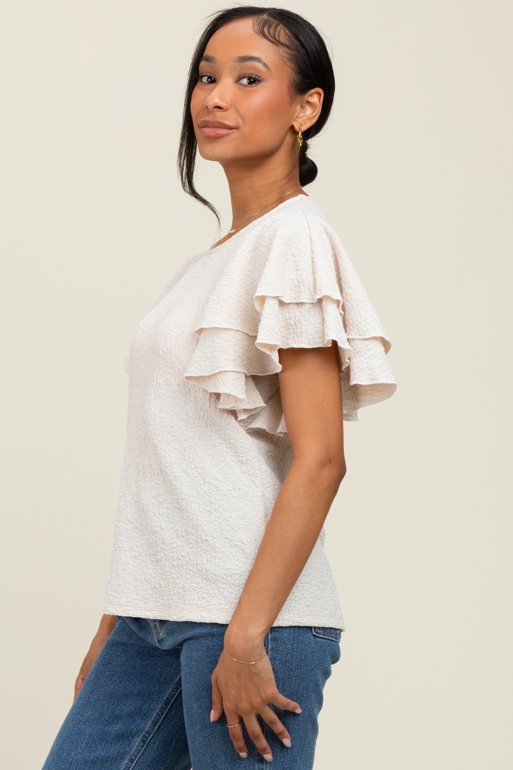 Beige Textured Ruffle Sleeve Blouse for Women - Elegant Casual & Party Tops - Perfect for Office, Date Night and Special Occasions