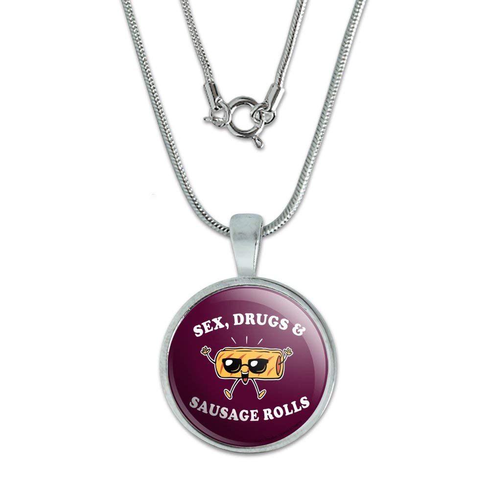 Funny Humor Pendant Necklace - 'Sex Drugs and Sausage Rolls' 0.75