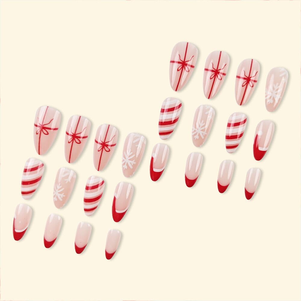 24Pcs Christmas Press on Nails - Almond Shape Fake Nails with Red Christmas Hat & French Tip Designs | Acrylic Glue on Nails | Glossy Full Cover Snowflake Bow Stick on Nails for Women | Perfect for Holiday Parties, Gift Giving & Festive Nail Art