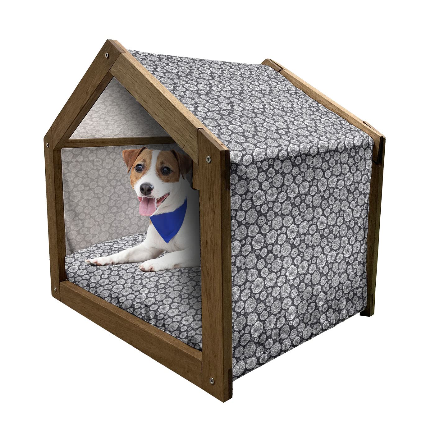 Ambesonne Floral Wooden Pet House - White Sketch Hand Drawn Dandelion Flowers & Leaves Print Indoor/Outdoor Dog Kennel with Pillow Cover, Large Size Black & White - Perfect for Garden, Patio, and Home Decor