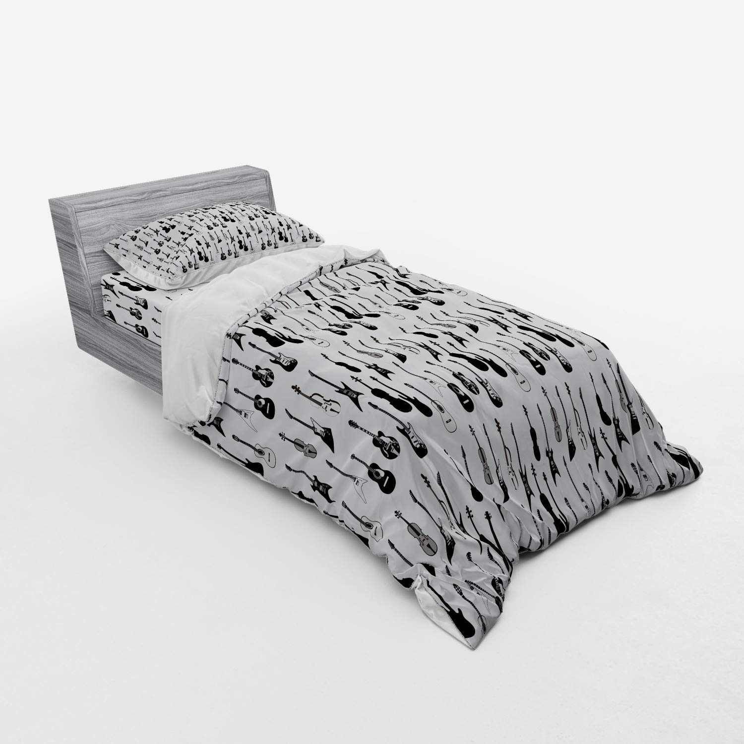 Ambesonne Music Themed Duvet Cover Set - Monochrome Acoustic & Electric Guitar, Cello, Violin Print - 3 Piece Bedding Set with Pillow Sham & Fitted Sheet - Twin Size Black White Grey - Perfect for Musicians' Bedrooms & Music Lover Gifts