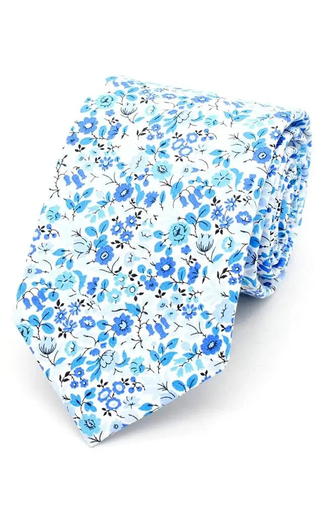 LA Smith 'Astrid Niva' Blue Cotton Necktie - Premium Liberty Fabric Men's Tie for Business, Weddings & Formal Occasions
