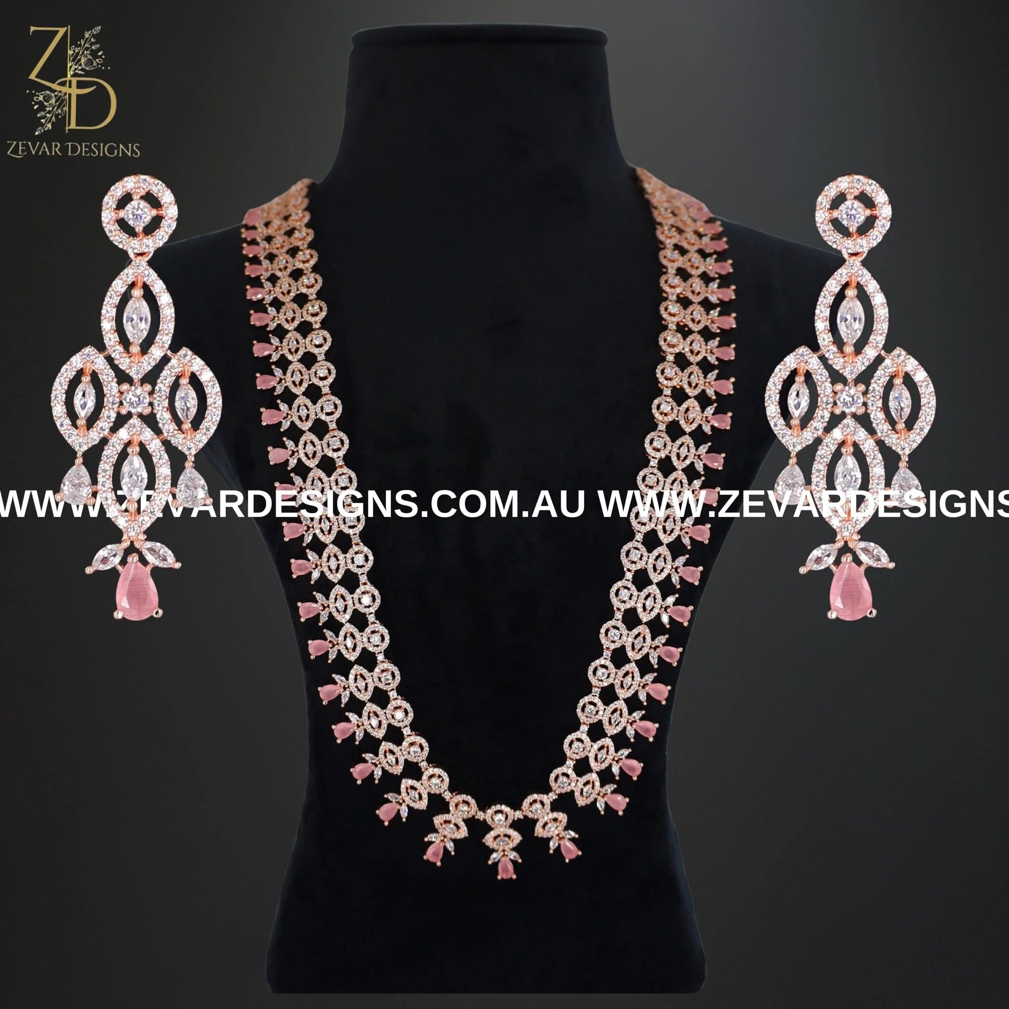 AD/Zircon Long Necklace Set in Pink & Rose Gold - Elegant Layered Necklace for Women, Perfect for Weddings, Parties & Date Nights