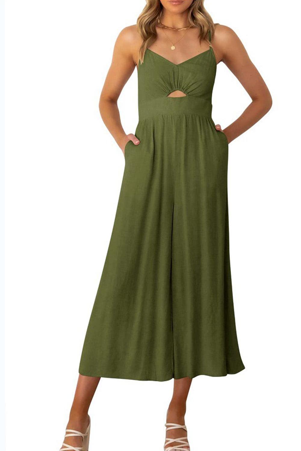 MIAMINE Women's Summer Spaghetti Strap Jumpsuit - Cutout Smock Wide Leg Romper with Pockets | Casual Beachwear, Vacation Outfit & Summer Fashion