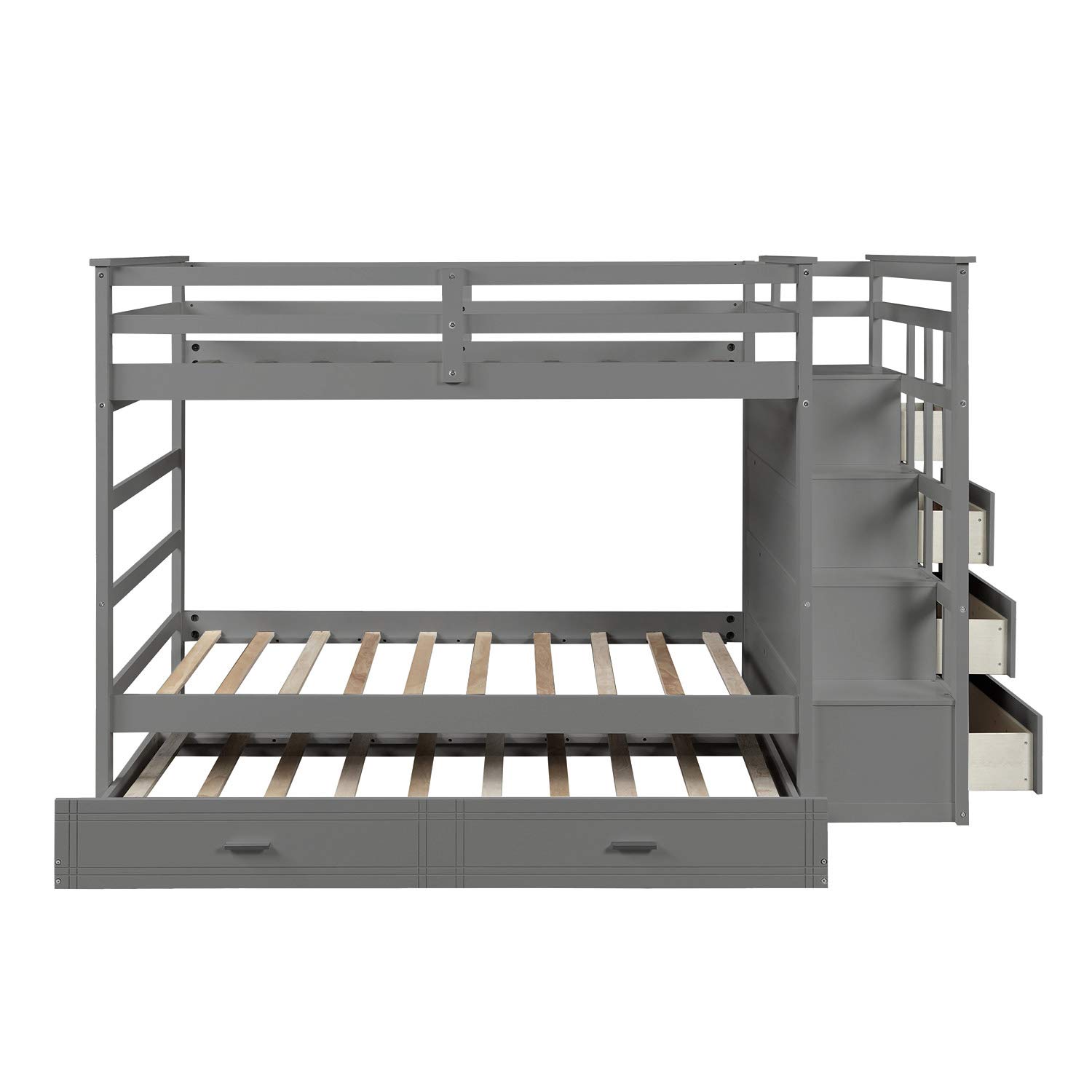 Kids Twin Over Twin Bunk Bed with Trundle - Solid Wood Bunk Bed Frame with Staircase, 4 Storage Drawers & Safety Guardrails - No Box Spring Needed (Gray) - Perfect for Small Bedrooms, Guest Rooms & Kids' Shared Spaces