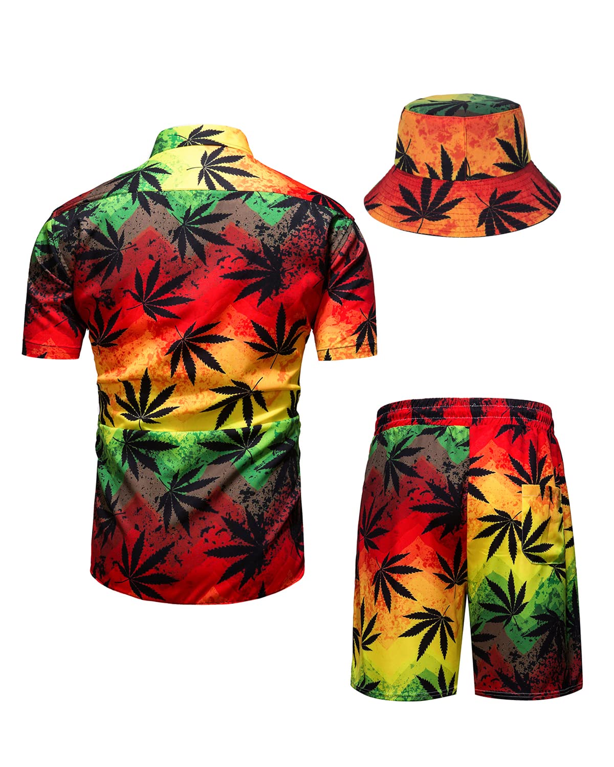 **TUNEVUSE Men's Hawaiian Shirts and Shorts Set - 2-Piece Tropical Beach Outfit with Floral Print & Bucket Hat for Summer Vacation, Luau Party, and Casual Wear**