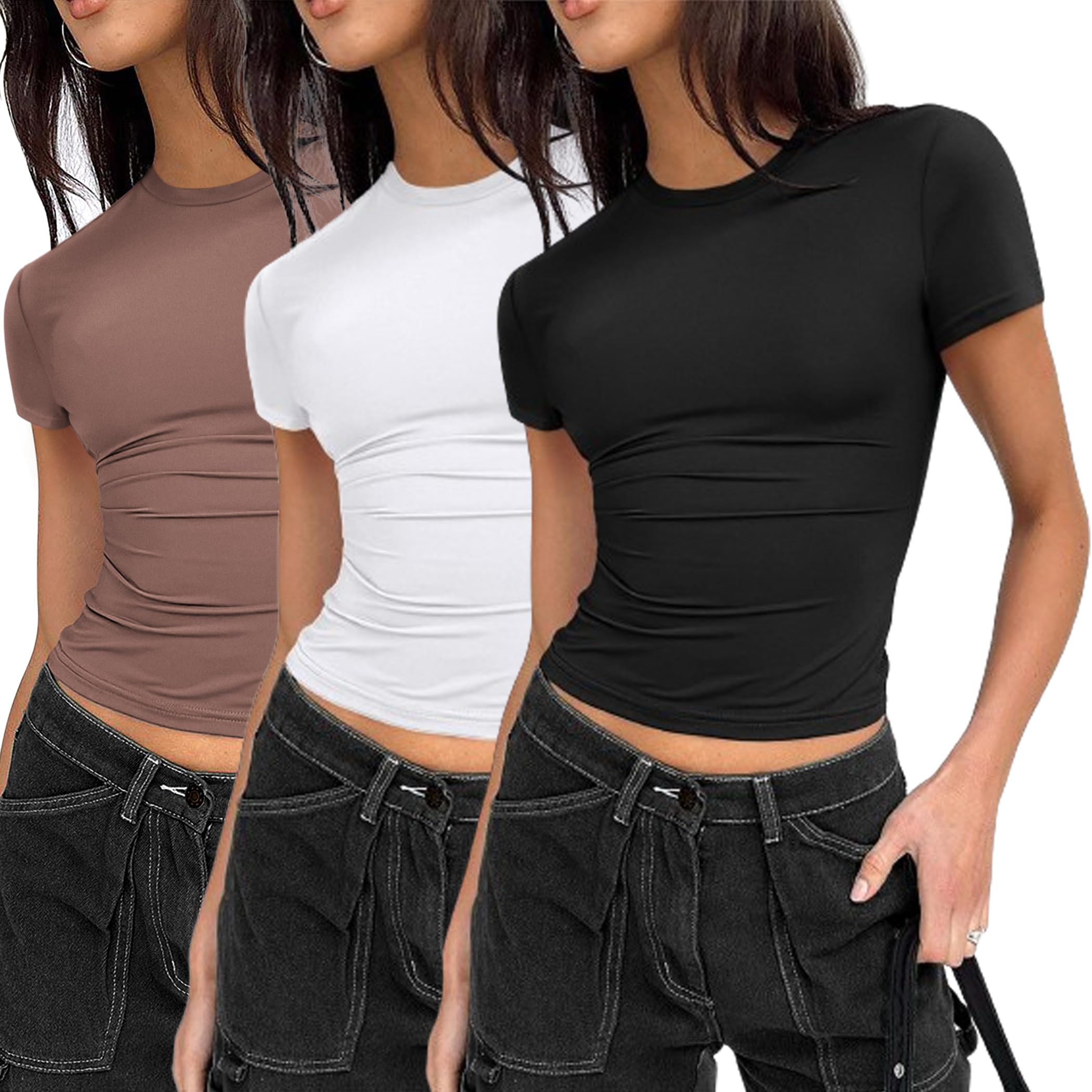 Zeagoo Women's Fitted T-Shirts 2-3 Pack Short Sleeve Crewneck Basic Tops | Y2K Style Summer Tees for Casual Wear, Layering & Street Fashion