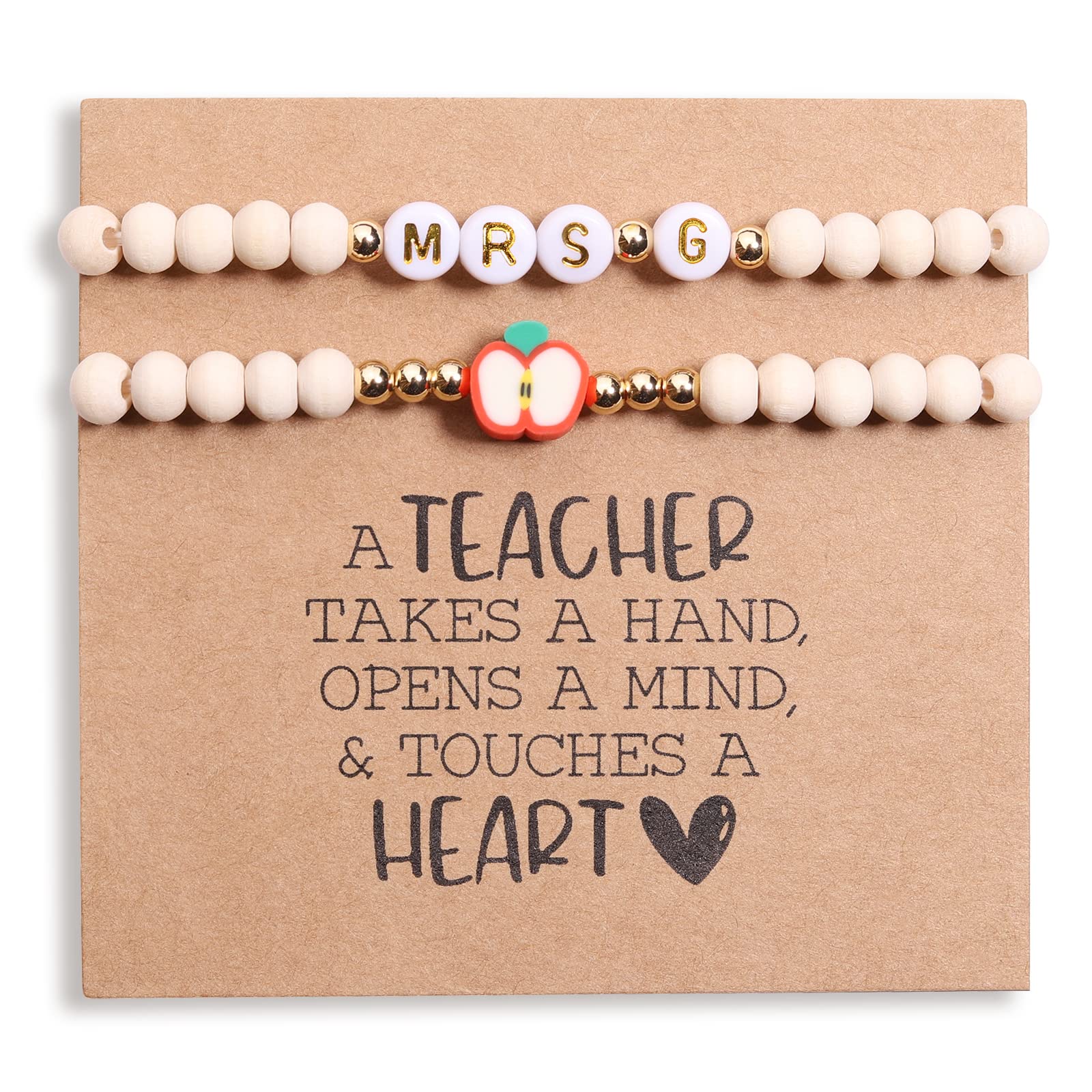 Personalized Teacher Bracelet for Women - 2 Pcs Initial Mrs Miss Ms Bracelets with Thank You Card - Teacher Appreciation Gifts from Students & Friends - Perfect for Teacher's Day, End of Year Gifts & Retirement Presents