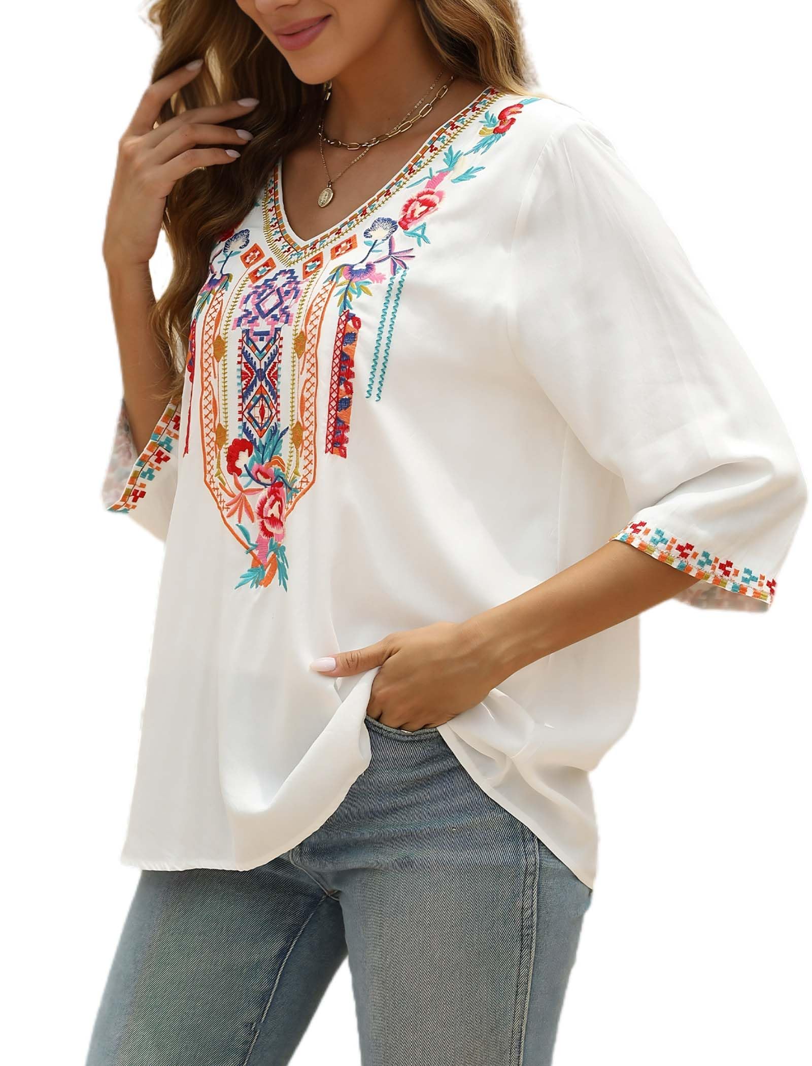 AK Embroidered Peasant Blouse for Women - 3/4 Sleeve Mexican Tunic Top with V-Neck - Traditional Embroidered Casual Shirt for Everyday Wear & Boho Style Outfits
