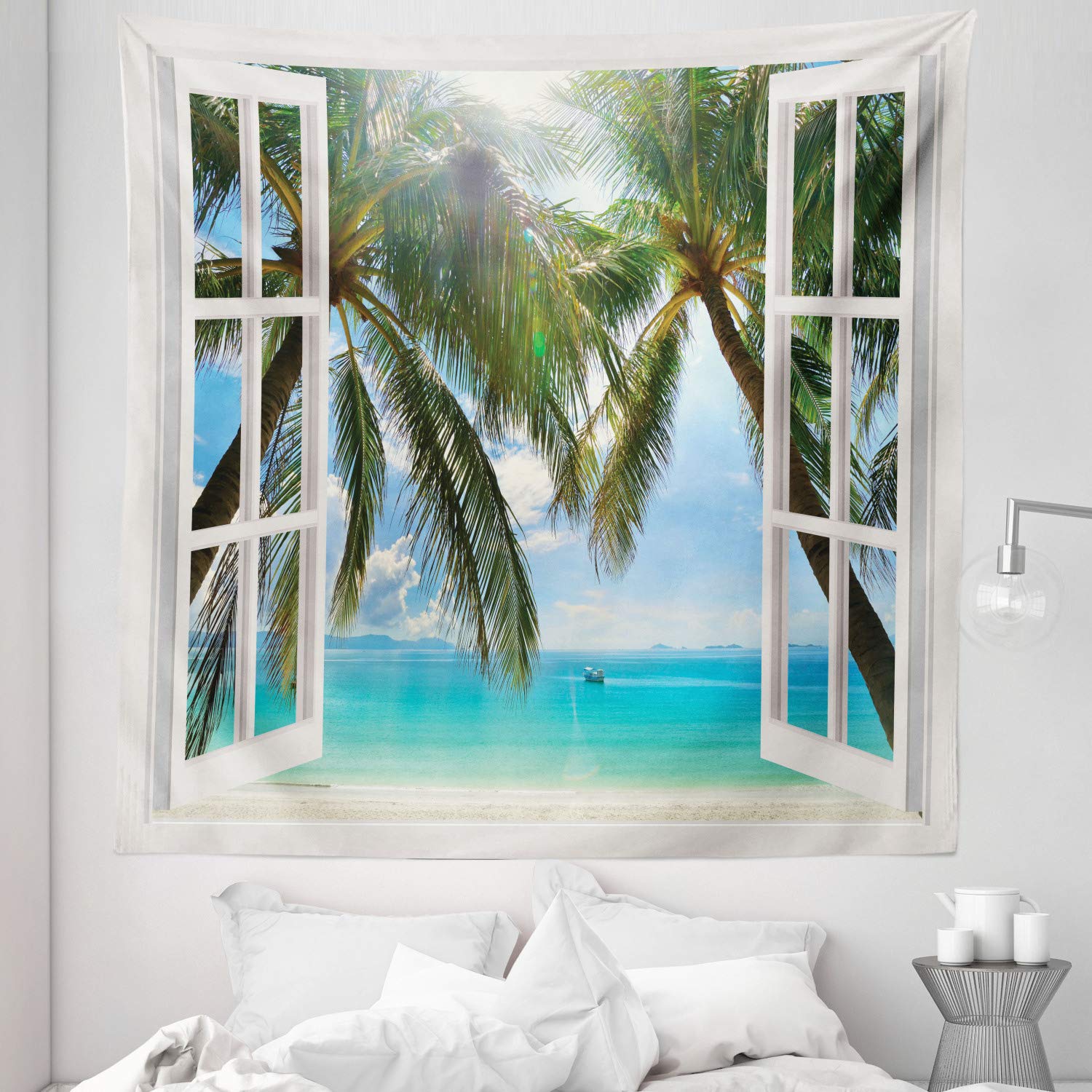 Ambesonne Tropical Tapestry Queen Size 88x88 Inches - Exotic Beach Landscape Wall Hanging with Palm Trees, Multicolor Bedspread & Wall Decor for Bedroom, Living Room, Dorm