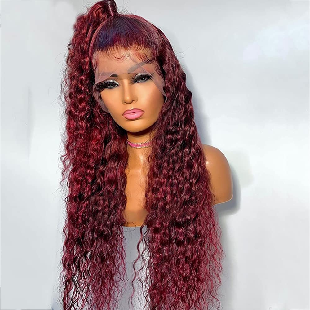99J Burgundy Lace Front Wig - 16 Inch Brazilian Remy Human Hair with Pre-Plucked Hairline & Baby Hair | Natural Curly Virgin Hair Lace Frontal Wig for Black Women | Perfect for Daily Wear, Parties & Special Occasions