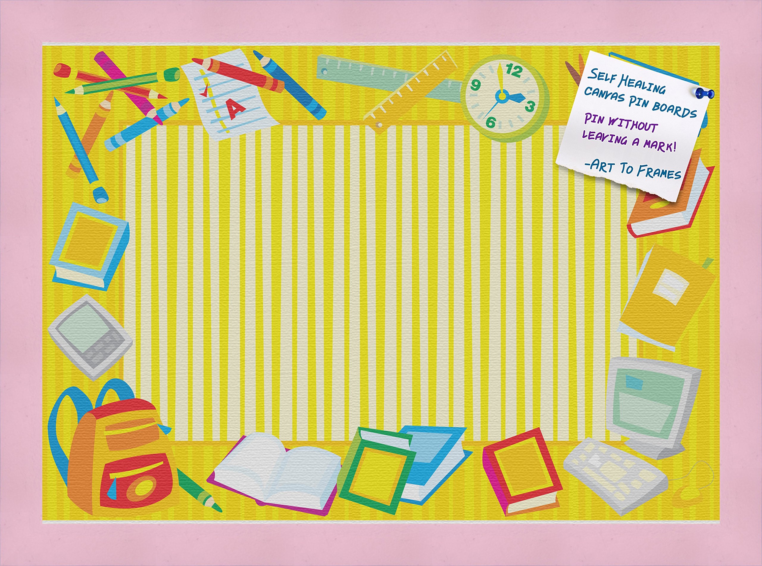 PinPix Decorative Cork Bulletin Board - 18x25 Inches Canvas Memo Board with Yellow School Print & Baby Pink Beech Frame (PinPix-33) - Perfect for Classroom, Office, Dorm Room or Home Organization