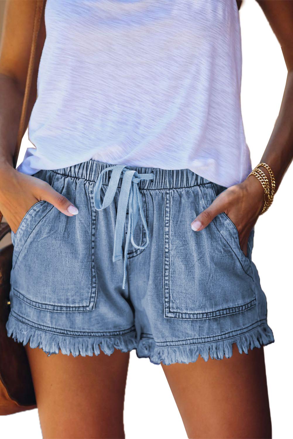 CNFUFEN Women's Casual Denim Shorts - Mid Waist Ripped Distressed Raw Hem Stretch Denim Shorts for Summer | Perfect for Beach, Shopping & Casual Outings