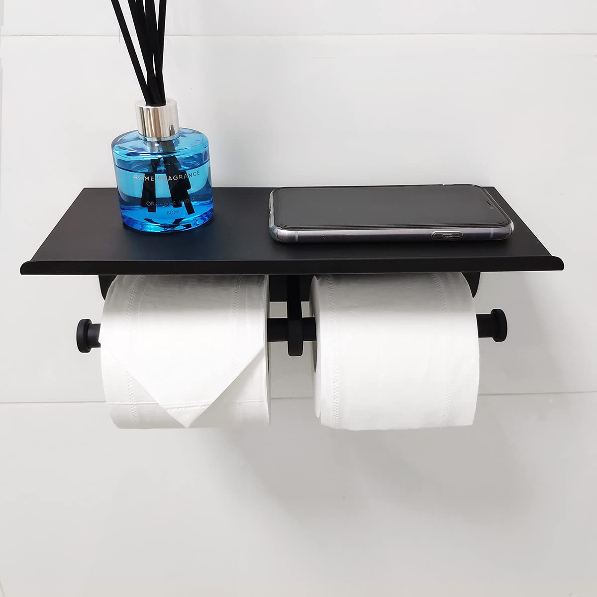 Double Toilet Paper Holder with Shelf - Matte Black Wall Mounted Bathroom Tissue Dispenser, Dual Large Rolls TP Holder, SUS 304 Stainless Steel - Perfect for Bathroom, Kitchen, and Laundry Room Organization