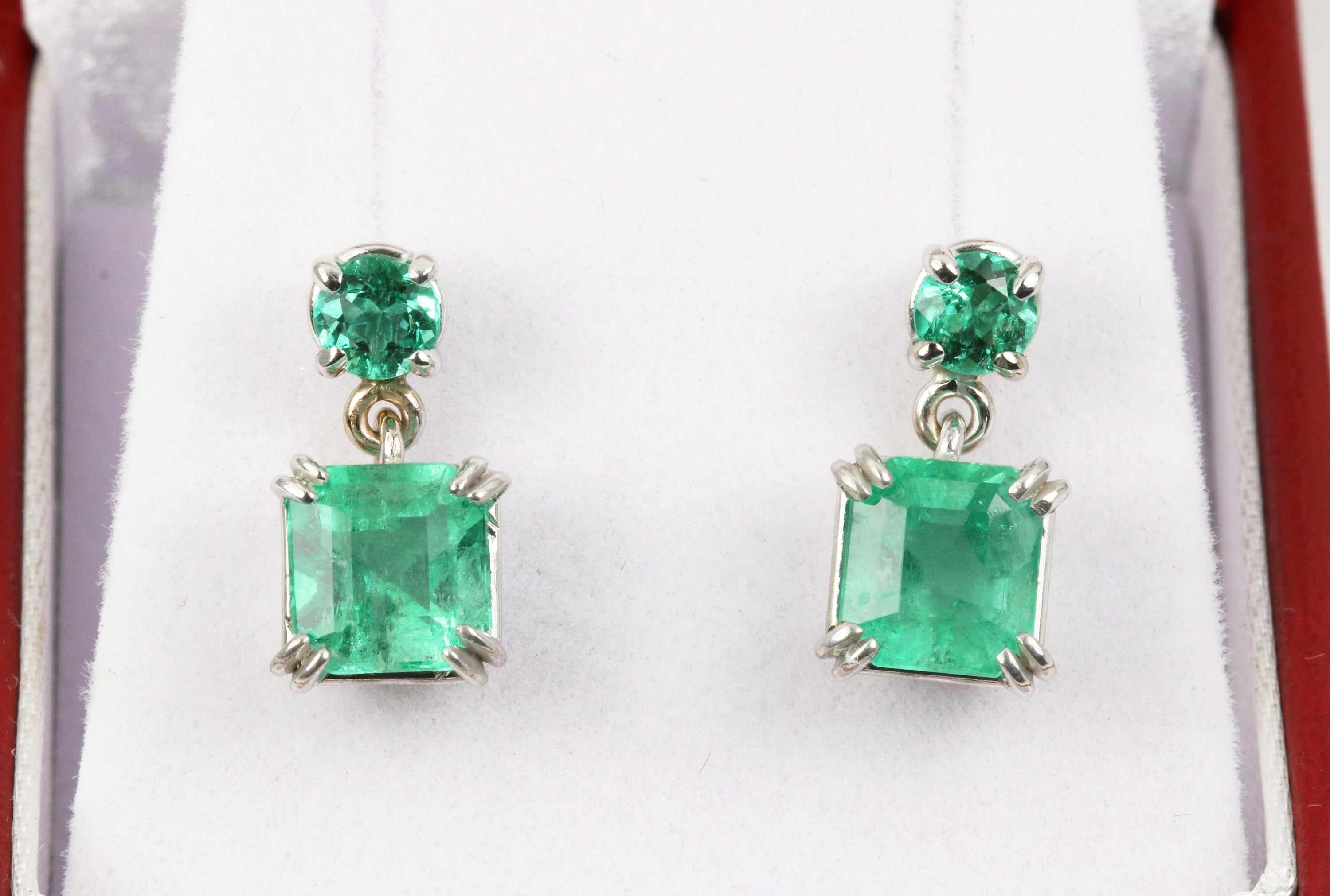 3.20tcw Natural Rich Green Emerald Asscher & Round Cut Dangle Stud Earrings in 14K Gold - Elegant Jewelry for Weddings, Parties & Special Occasions