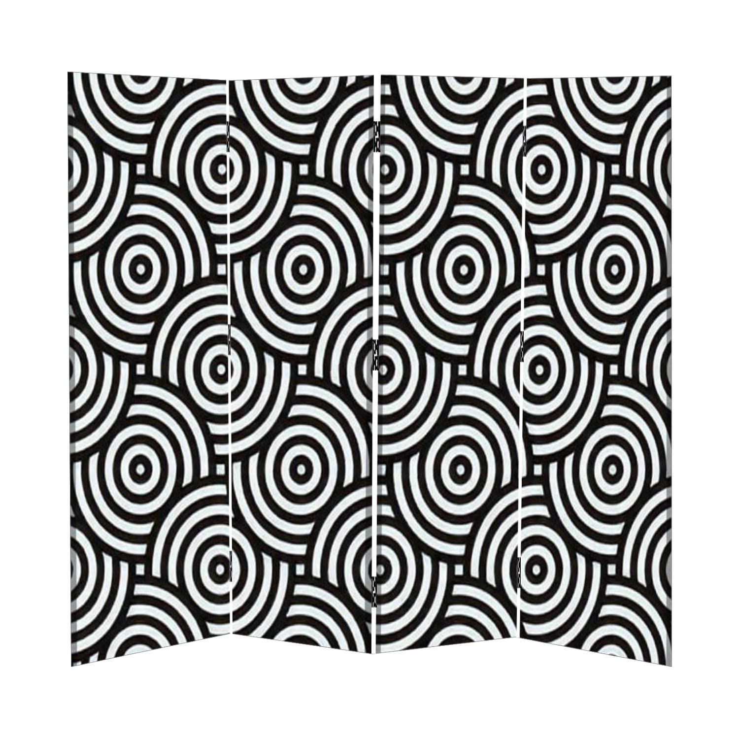Black and White Japanese Style Canvas Room Divider - 4 Panel Folding Privacy Screen with Intersecting Circles Design for Home Office, Bedroom Partition & Temporary Wall Separation
