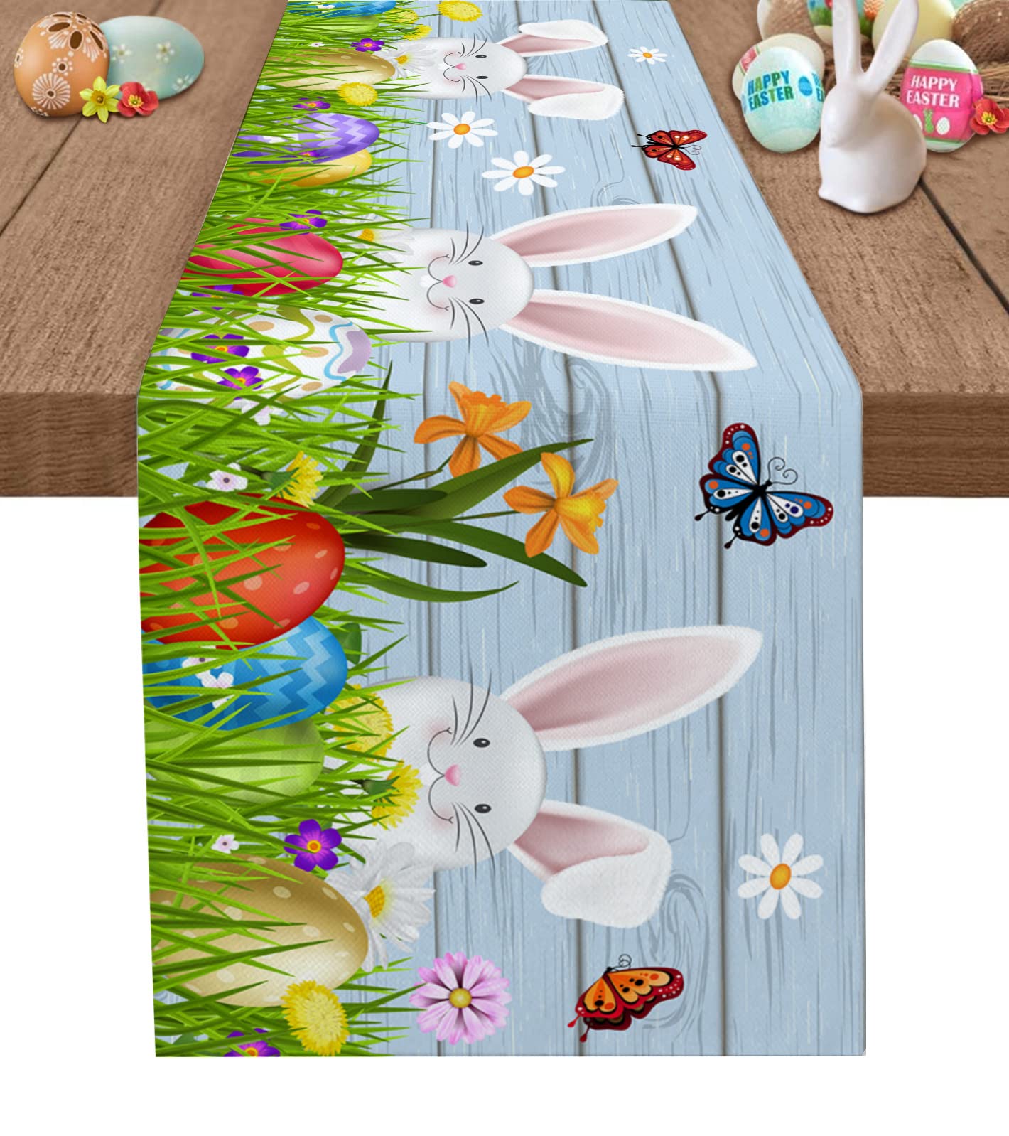 Easter Table Runner 36 Inch - Easter Egg & Bunny Burlap Cotton Tablecloth for Kitchen Dining - Spring Floral Butterfly Design in Green & Blue - Perfect for Small Tables, Weddings, Coffee Shops, Parties & Home Decor - Ideal for Easter Celebrations, Spring Gatherings & Holiday Dining