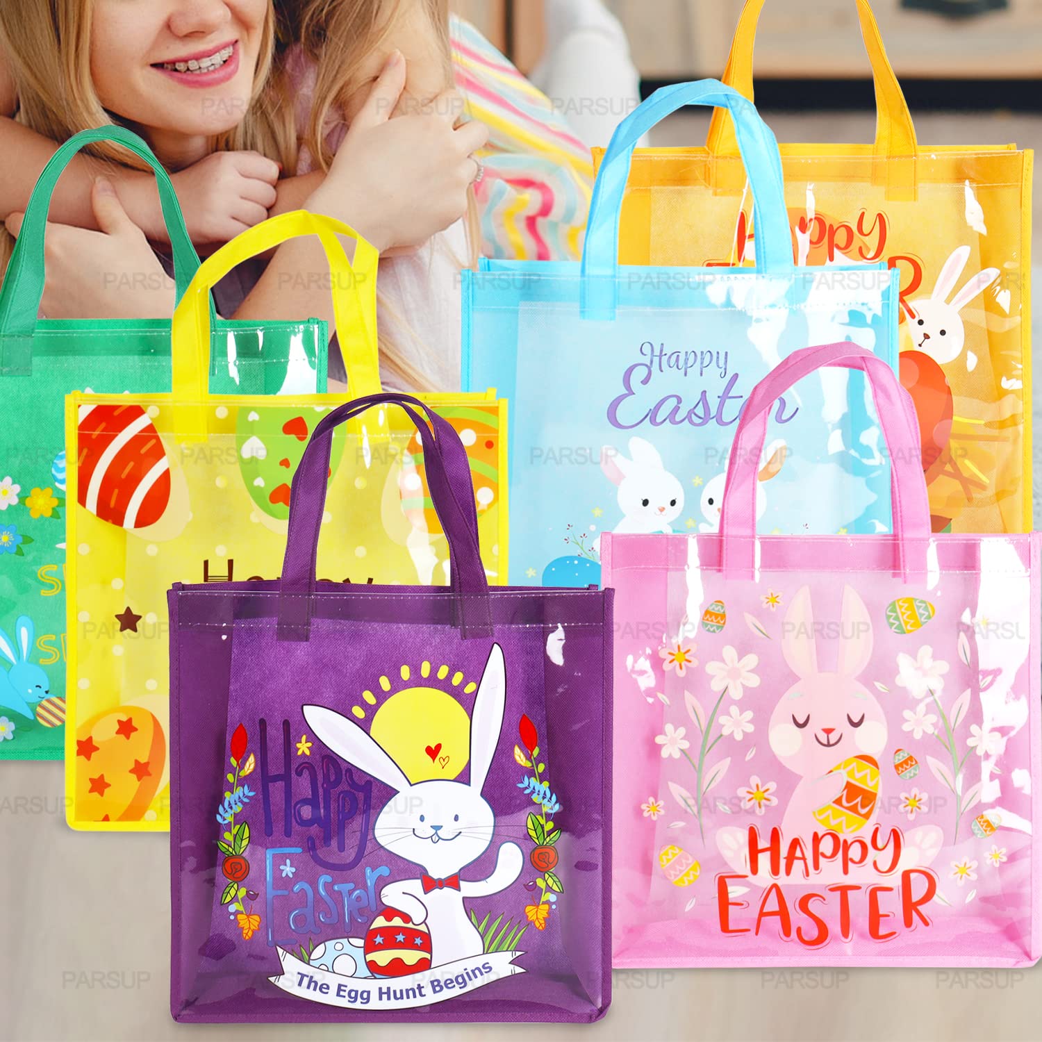 6PCS Easter Egg Hunt Bags - Bunny Carrot Chick Themed Treat Bags with Handles, 13