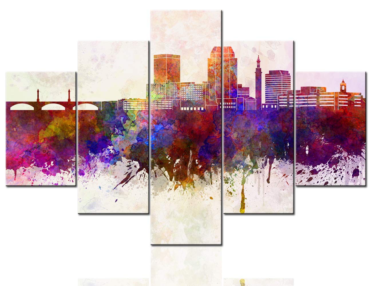 TUMOVO Multi-Colored City Skyline Canvas Wall Art - Springfield MA Skyline Painting, Watercolor Style Modern Home Decor (60x40 Inches) Ready to Hang - Perfect for Living Room, Office & Gallery Walls