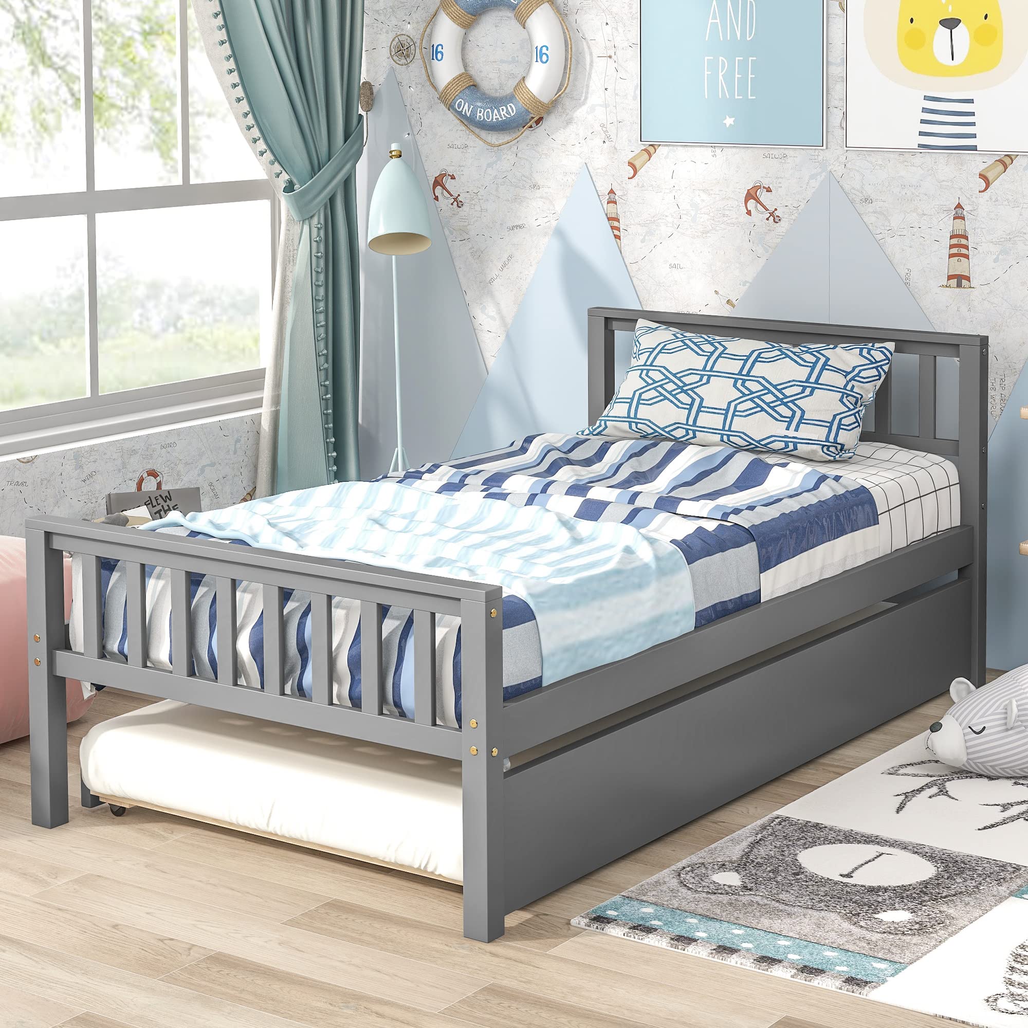Twin Bed Frame with Trundle - Solid Wood Platform Bed with Pull Out Trundle for Kids, Boys & Girls - Includes Headboard & Footboard - No Box Spring Needed - Perfect for Small Bedrooms, Guest Rooms & Kids' Rooms