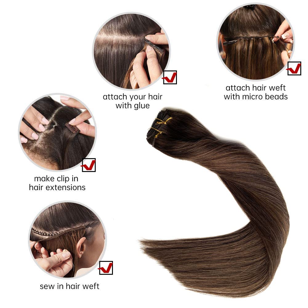 20 Inch 100G Real Human Hair Extensions - Dark Brown Balayage Light Brown Hand-Tied Weft Bundles for Sew-In | Natural Looking Hair Extensions for Women | Perfect for Daily Styling, Special Occasions & Volume Boost