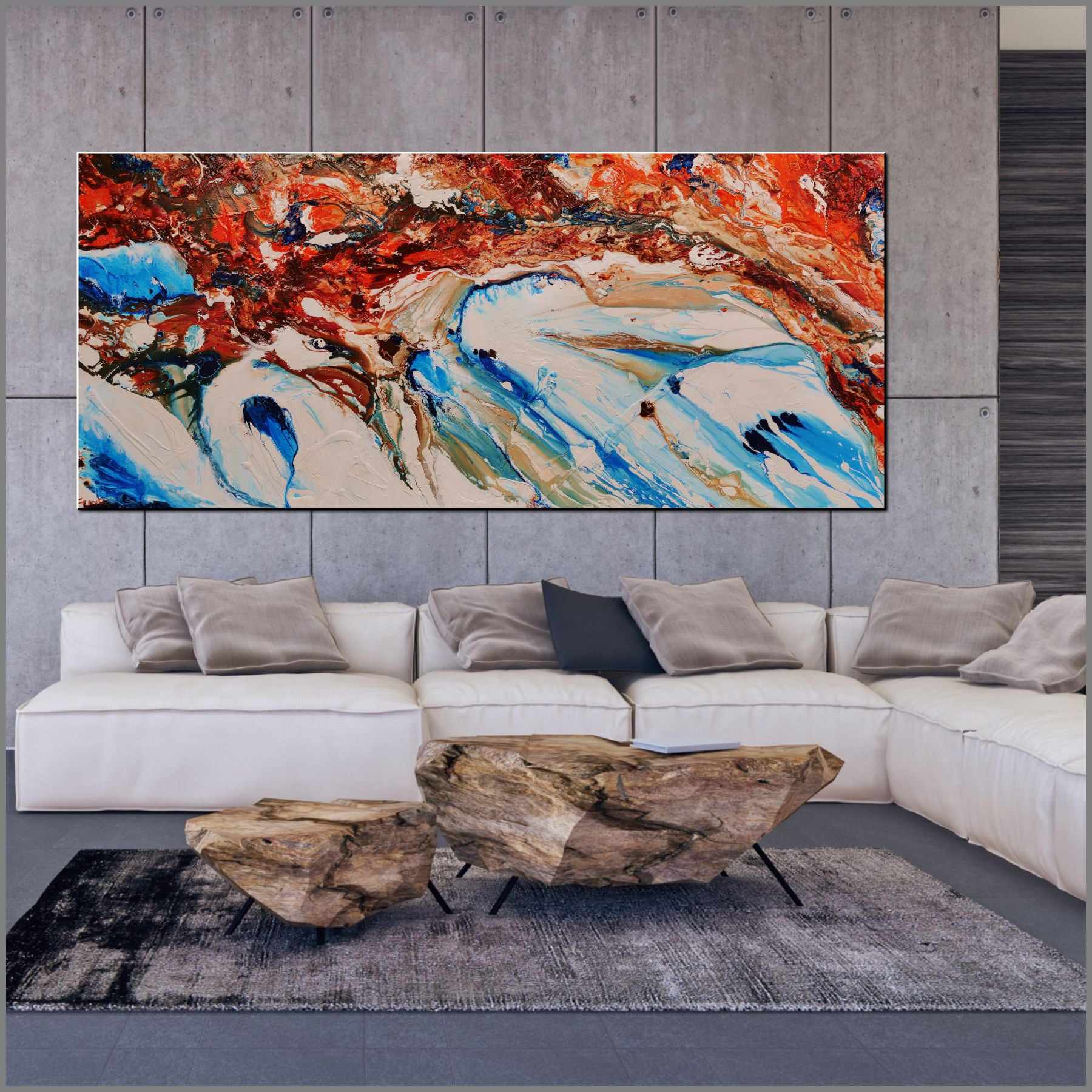 Coastal Infusion 270cm x 120cm Blue Oxide White Textured Abstract Canvas Painting - Perfect for Living Room, Bedroom & Office Wall Decor