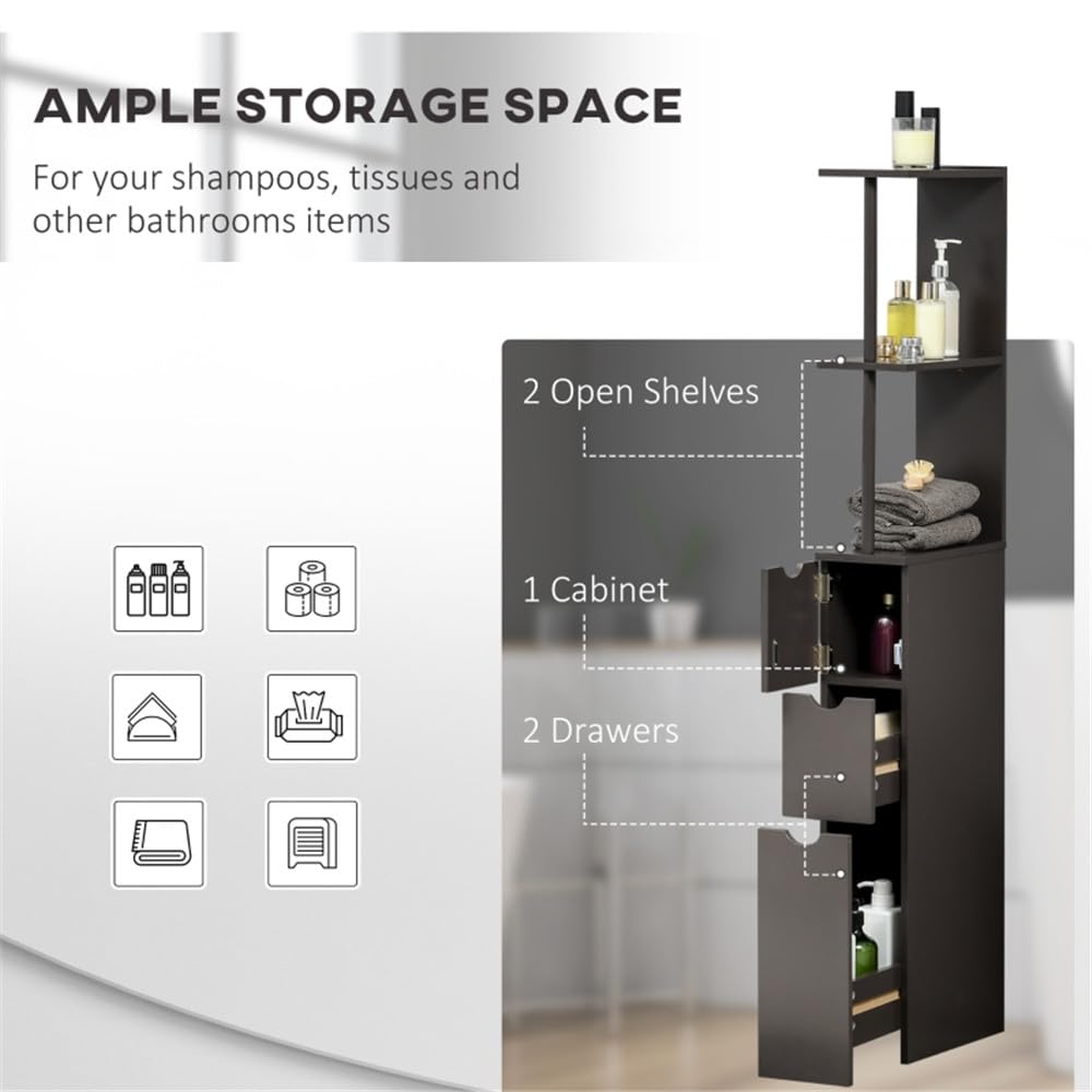 Tall Bathroom Storage Cabinet with 2 Open Shelves, 1 Cabinet & 2 Drawers - Slim Freestanding Linen Tower Organizer - Anti-Tipping Design for Bathroom, Laundry Room or Bedroom - Black