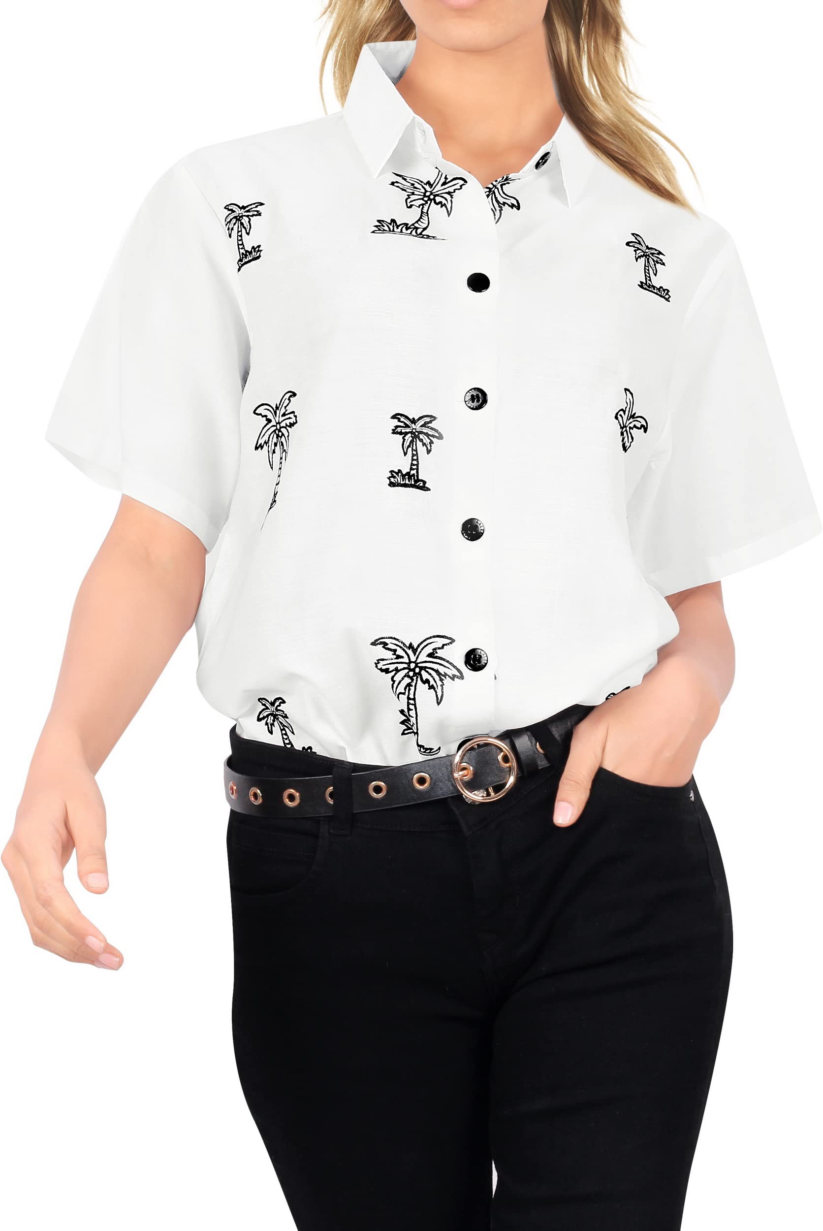 LA LEELA Women's Short Sleeve Hawaiian Blouse - Floral Print Vacation Shirt for Beach, Summer & Casual Wear