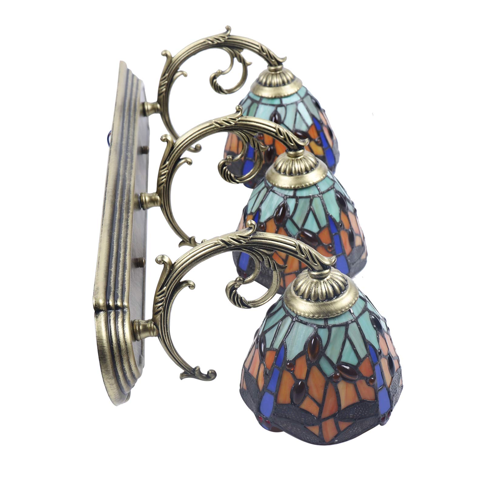 TFCFL 3-Light Bronze Wall Sconce with Handcrafted Stained Glass Dragonfly Shades - Elegant Vanity Lighting for Bathroom, Bedroom, and Hallway Décor