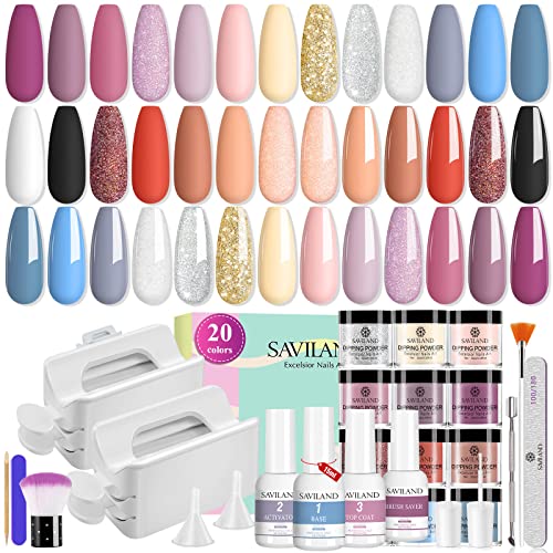 Saviland Dip Powder Nail Kit - 20 Colors Glitter & Metallic Dip Powder Set with 15ml Base, Top Coat, Activator & Brush Saver | Includes 2 Dip Powder Recycling Trays | Perfect for DIY Manicures, Nail Art & Salon-Quality Nails at Home