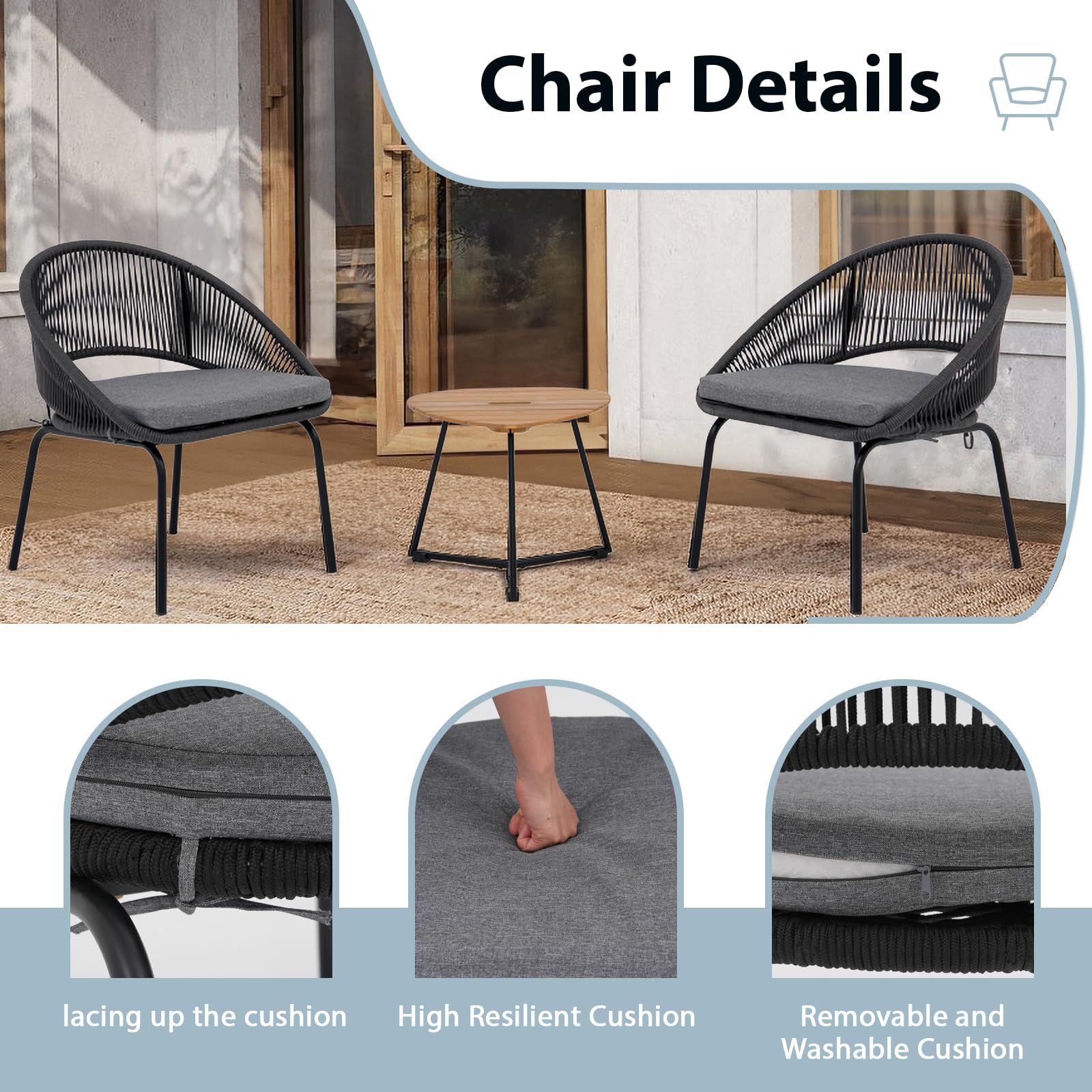 Yangming 3-Piece Outdoor Patio Furniture Set - Woven Rope Bistro Chairs with Wood Coffee Table for Garden, Backyard, Deck, Poolside & Balcony | Perfect for Relaxing, Entertaining & Outdoor Dining