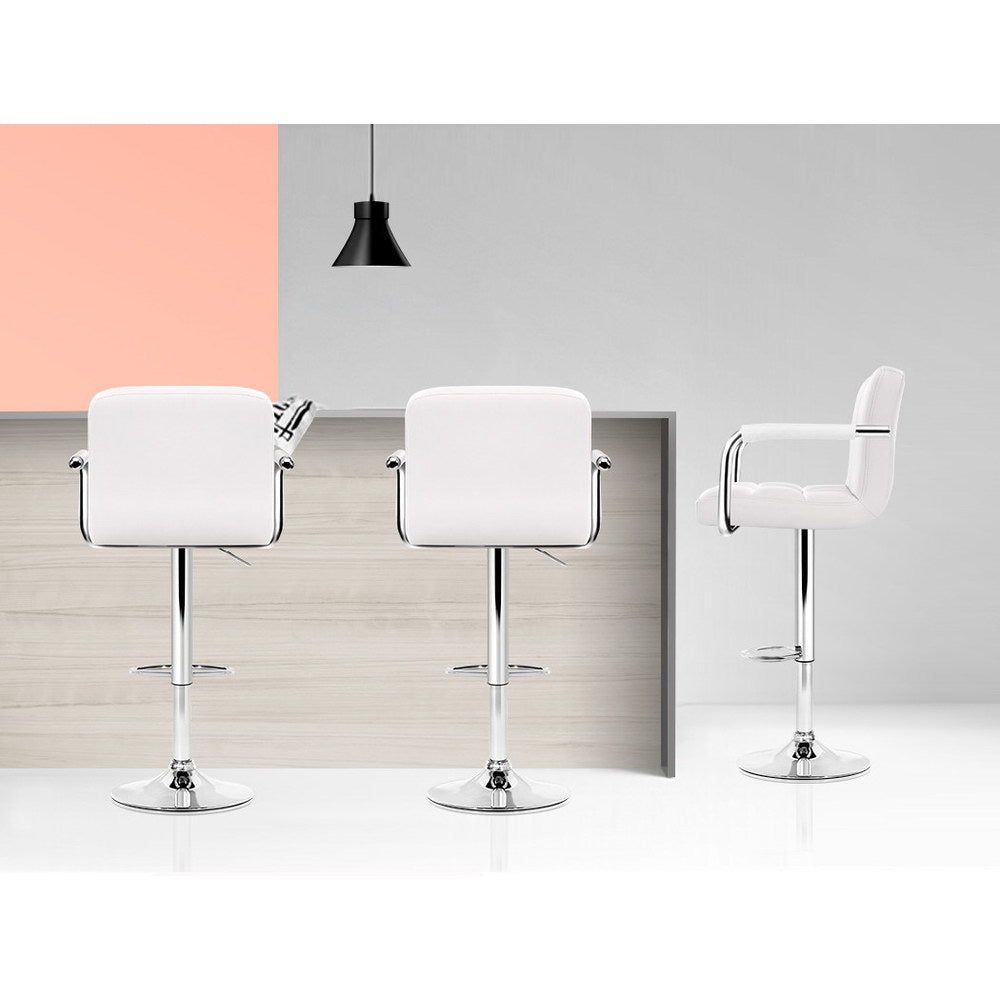 4 Bar Stools with Leather Upholstery, Gas Lift Mechanism & Armrests in White - Perfect for Kitchen Island, Dining Room & Home Bar