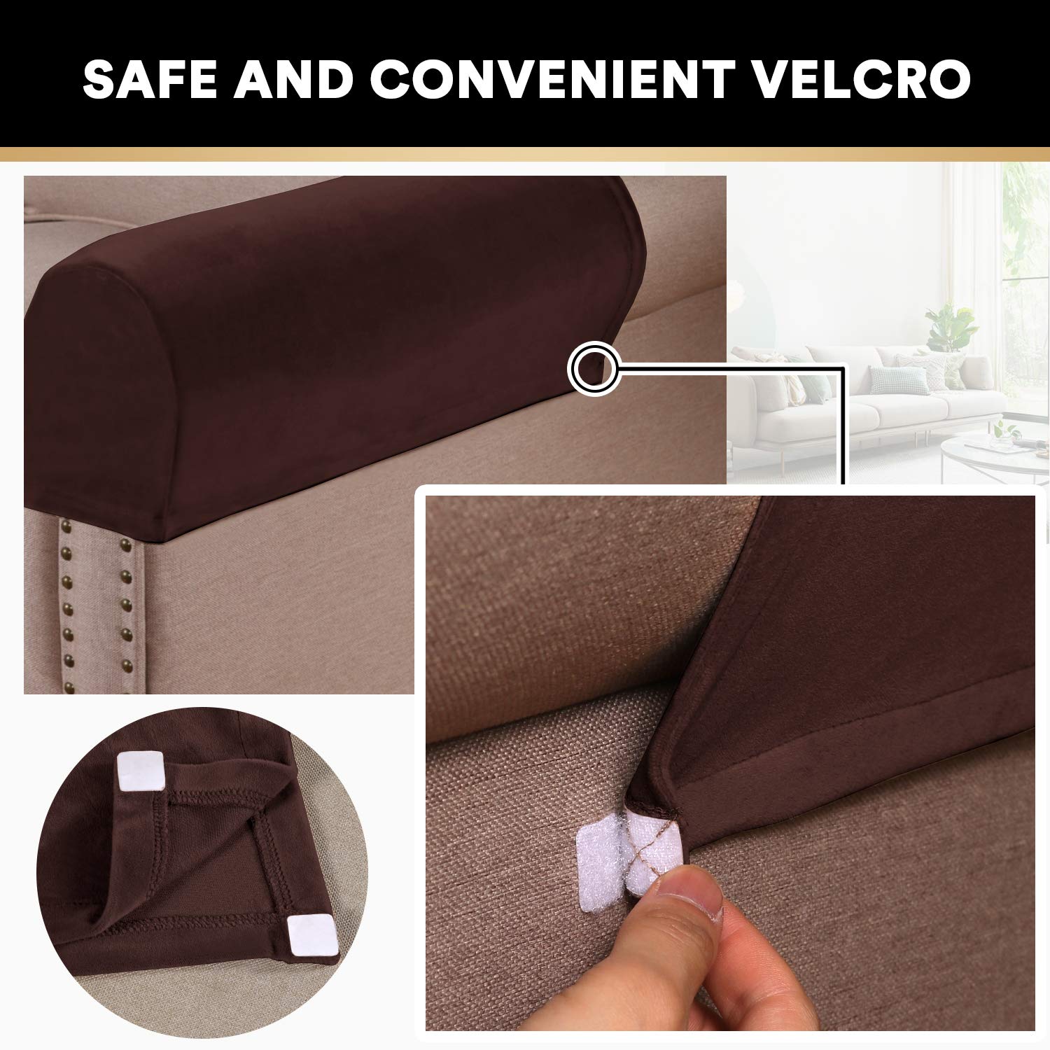 PrinceDeco 2 Pack Thick Velvet Stretch Armrest Covers - Non-Slip Sofa & Chair Arm Protectors for Living Room, Office, Dorm - Soft Brown Fabric Covers for Furniture Protection & Style Upgrade