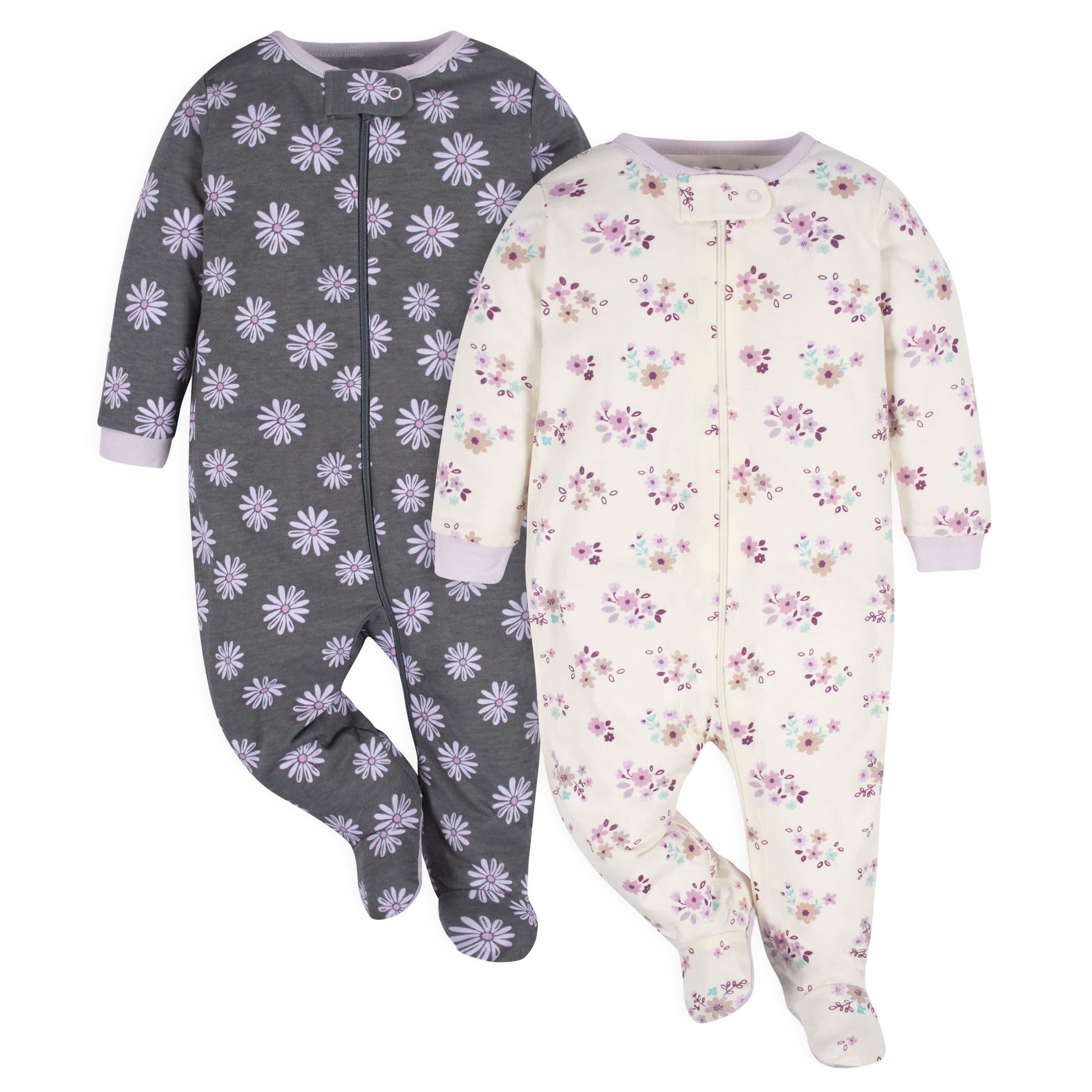 2 Pack Baby Girls Lavender Garden Sleep 'N Plays - Soft Cotton Footie Pajamas for Newborn & Infant - Perfect for Nursery, Bedtime & Photo Shoots