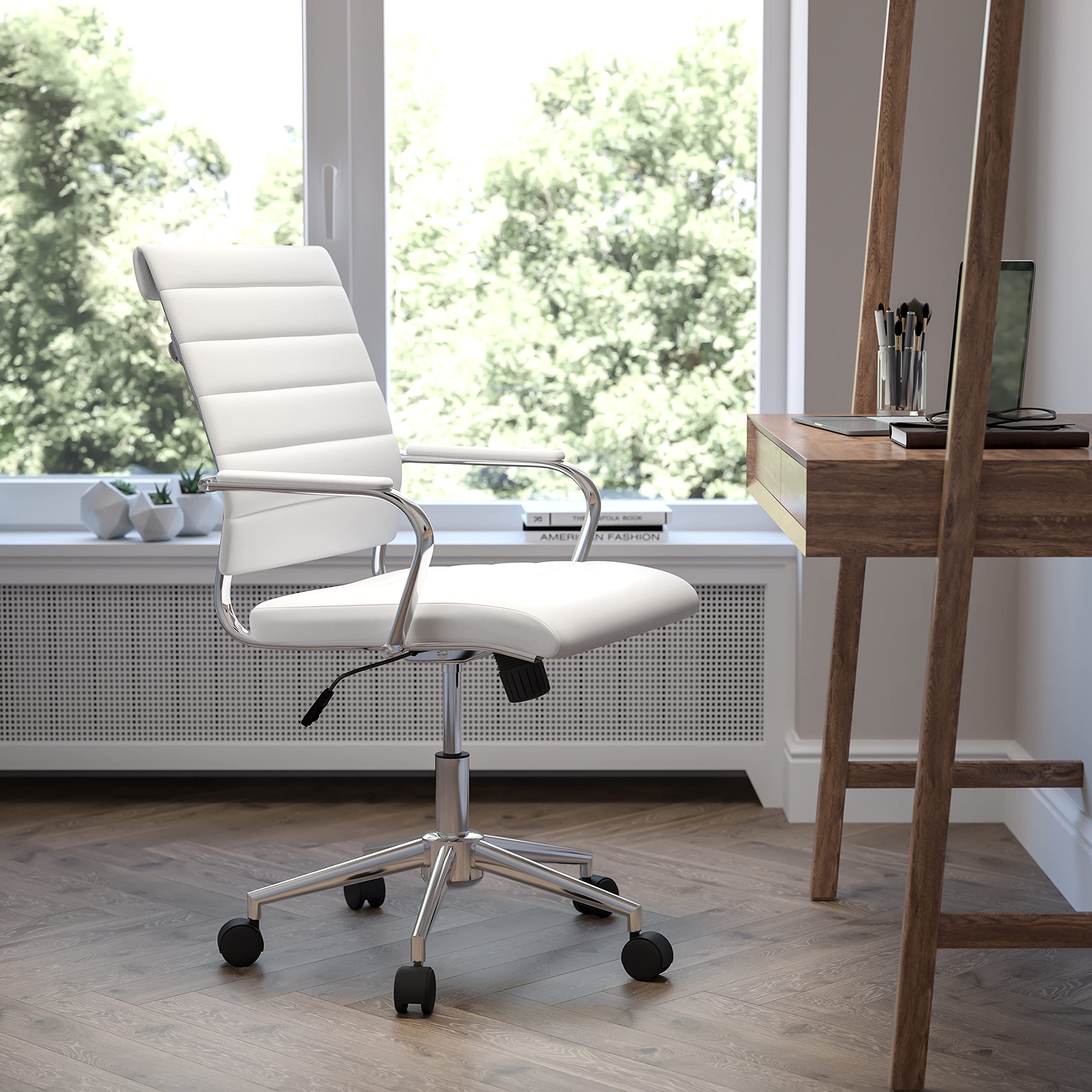 EMMA + OLIVER Mid-Back White LeatherSoft Ribbed Executive Swivel Office Chair - Ergonomic Desk Chair for Home & Office - Perfect for Long Work Hours, Video Conferencing, and Professional Workspaces