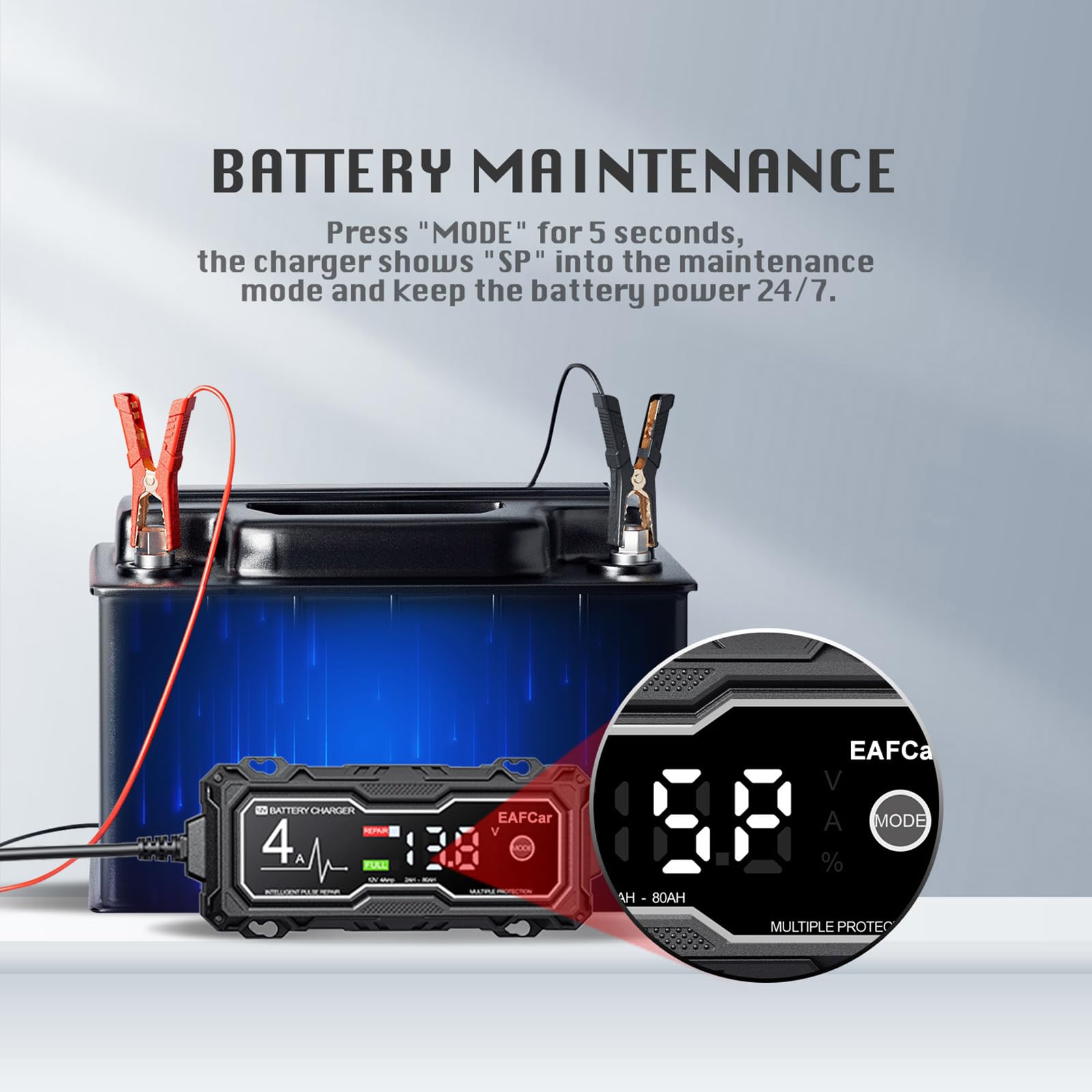 12V 4-Amp Smart Car Battery Charger & Maintainer with LCD Display - Temperature Compensated Automotive Trickle Charger for Cars, Trucks, Motorcycles, RVs & Boats - Perfect for Winter Storage & Long-Term Vehicle Maintenance