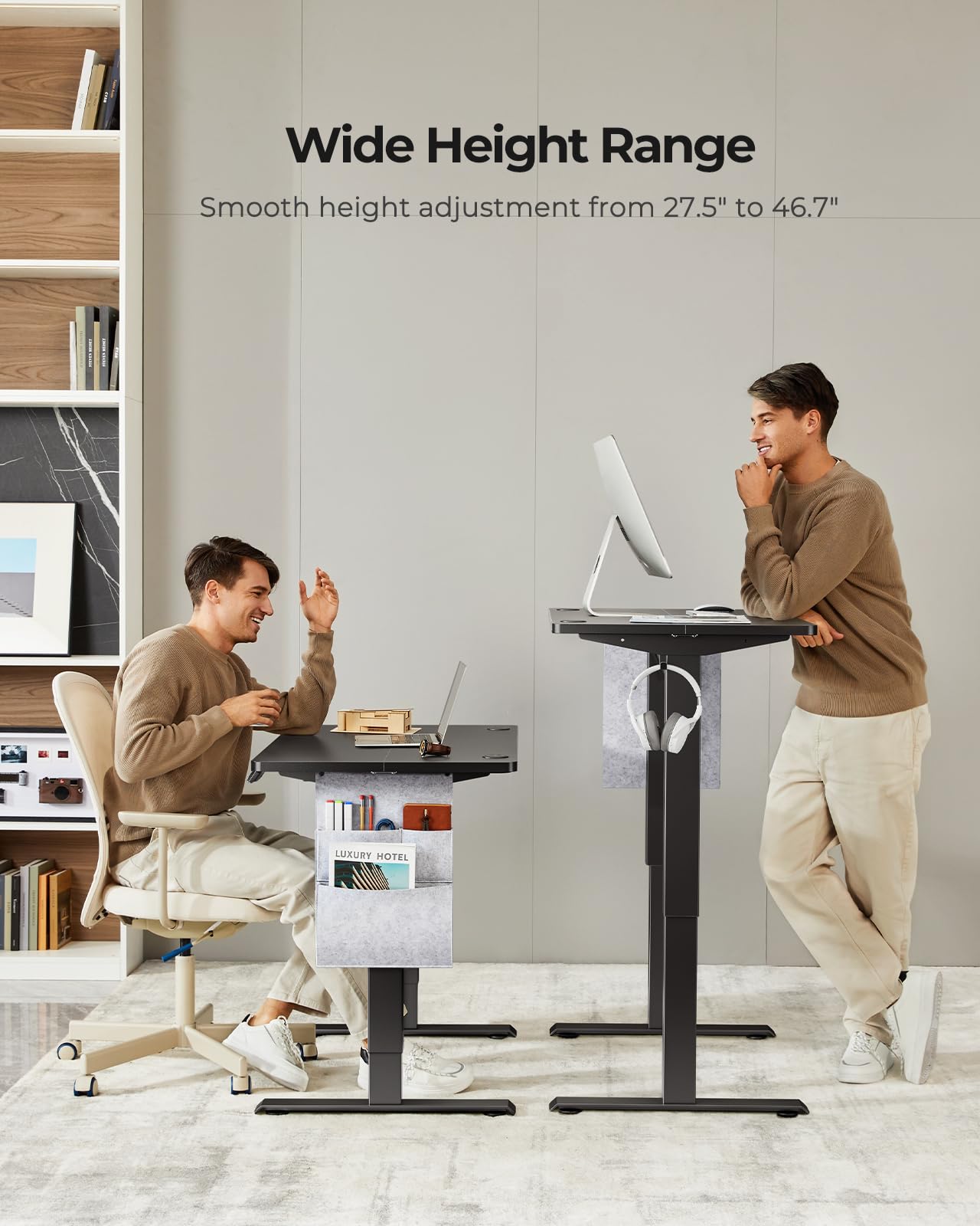 Marsail 48 x 24 Inch Electric Adjustable Height Standing Desk with Storage Bag - Sit Stand Desk for Home Office, Gaming & Workstation - 4 Memory Presets, Cable Management & Headphone Hook - Perfect for Remote Work, Video Calls & Ergonomic Workspace Setup