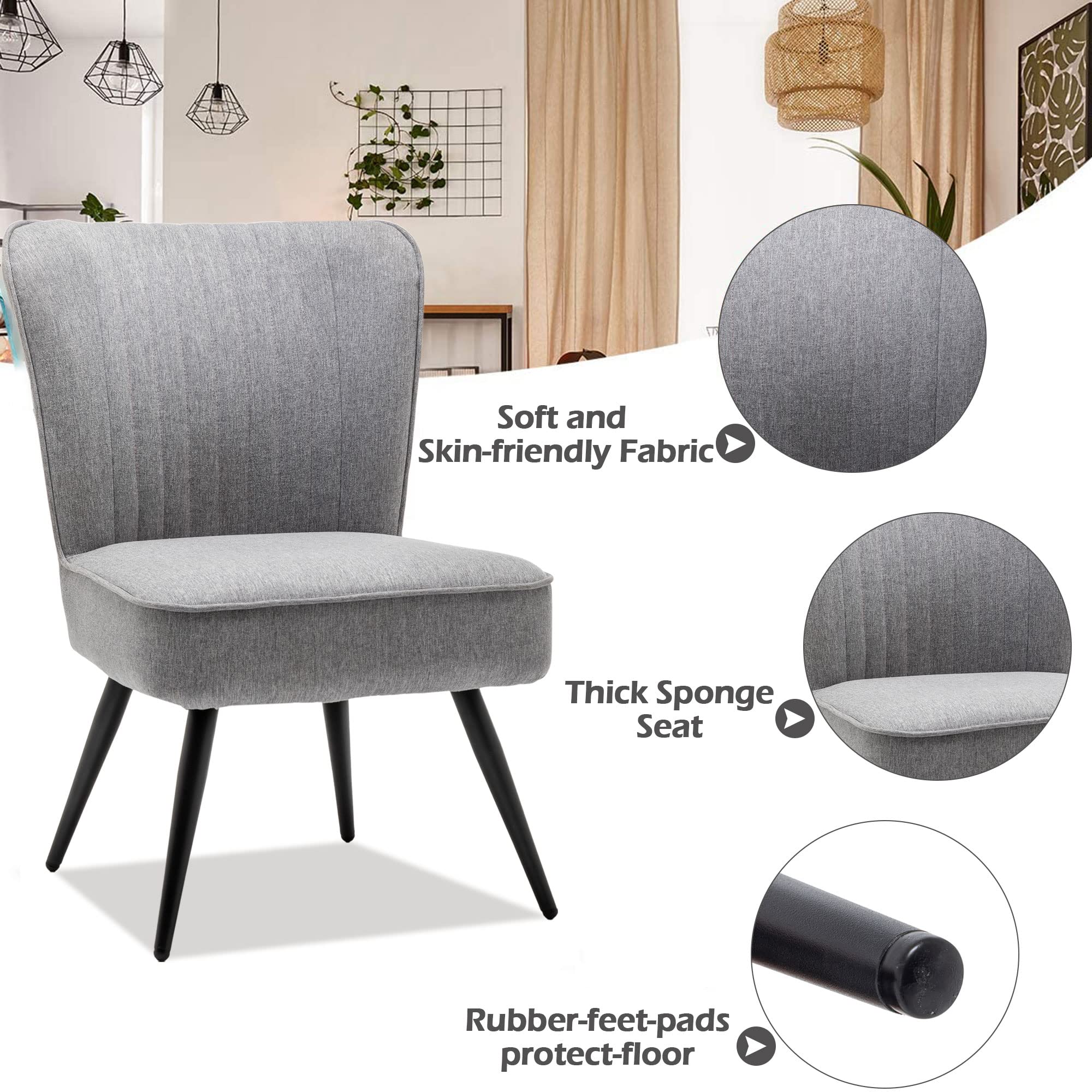 Annjoe Armless Accent Chair Set of 2 - Upholstered Slipper Chairs with Metal Legs for Living Room, Dining Room, Kitchen, Office, Bistro & Cafe - Modern Gray Side Chairs for Home Decor & Relaxation