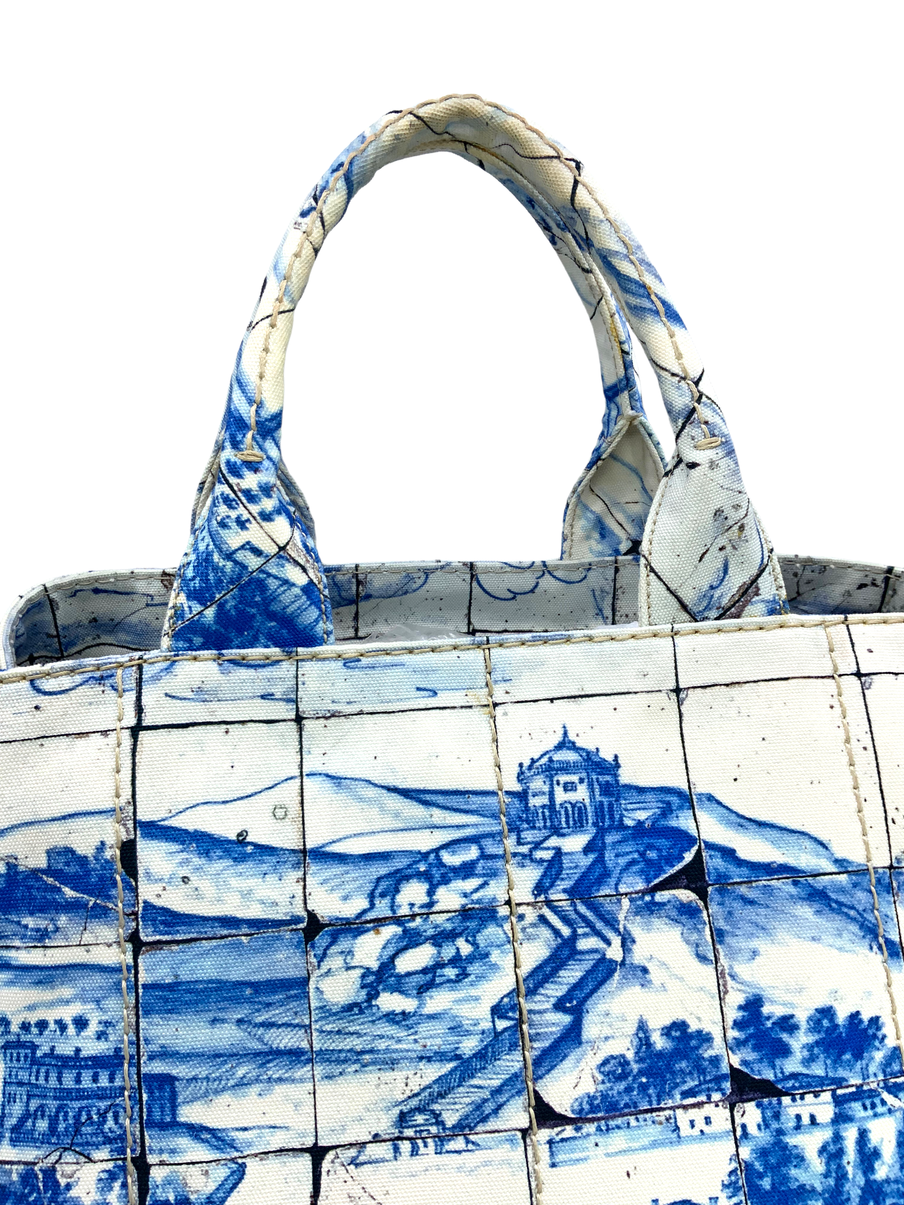 PRADA Canapa Azulejos Large Tote Bag for Women - Stylish Canvas Handbag with Leather Trim, Perfect for Work, Travel & Everyday Use