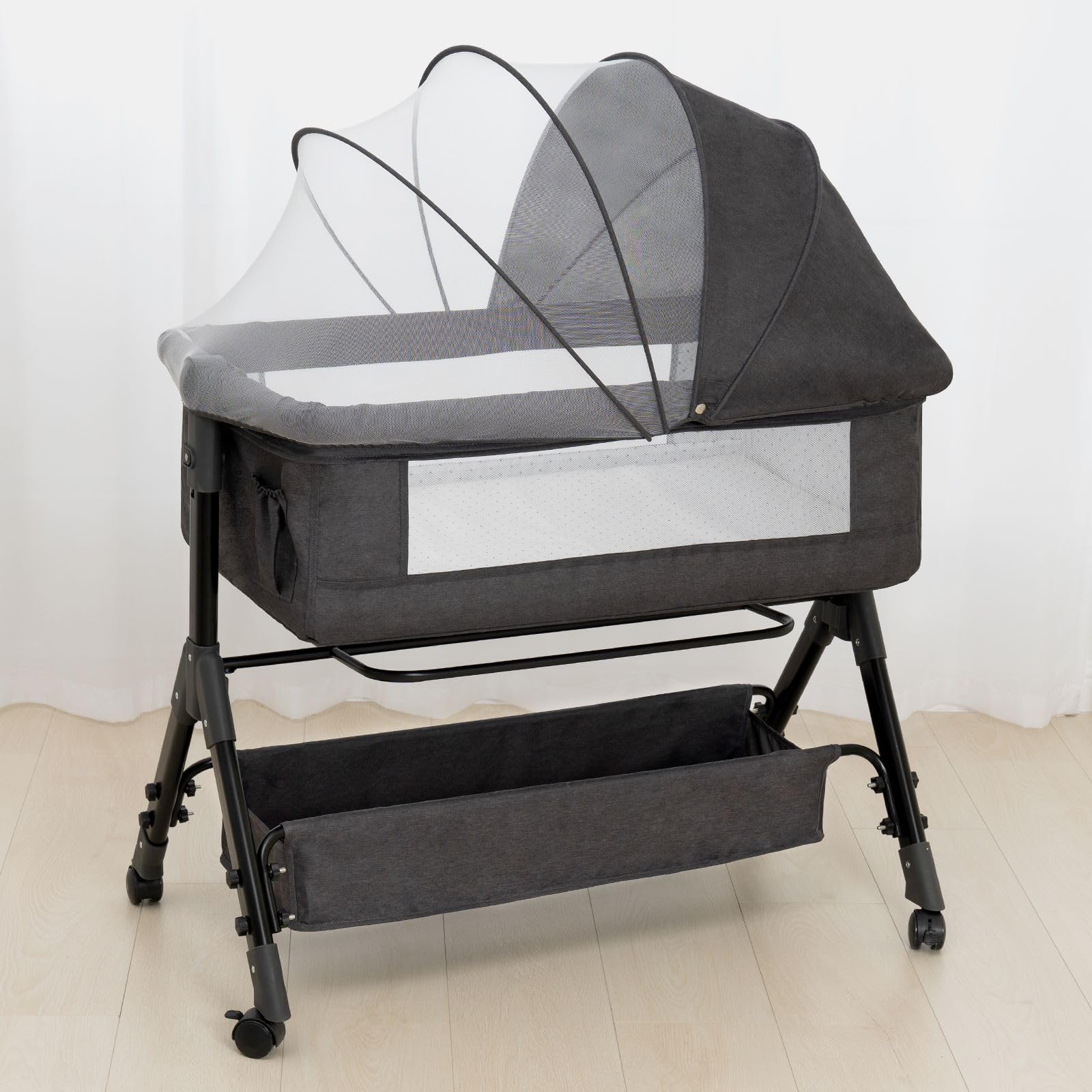 **3-in-1 Portable Baby Bassinet with Wheels & Mosquito Net - Adjustable, Foldable Bedside Sleeper for Newborns & Infants (Dark Grey) - Perfect for Nursery, Travel & Co-Sleeping**